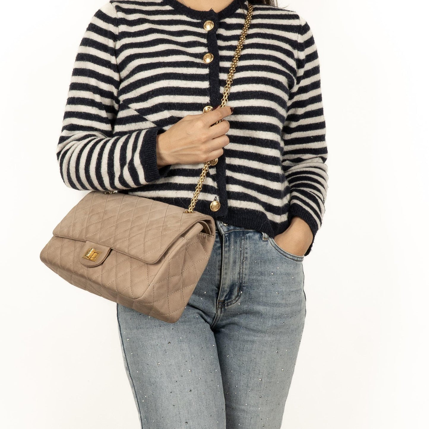 Chanel 2.55 Reissue 227 Jumbo Flap Bag Beige Quilted Caviar With Gold-Tone Hardware