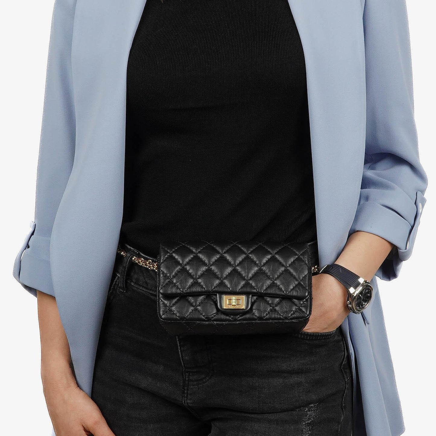 Chanel 2.55 Reissue Black Quilted Aged Calfskin Flap Belt Bag
