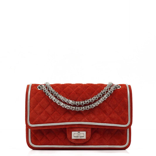 Chanel 2.55 Reissue Medium Double Flap Bag in Red Suede and Silver Leather