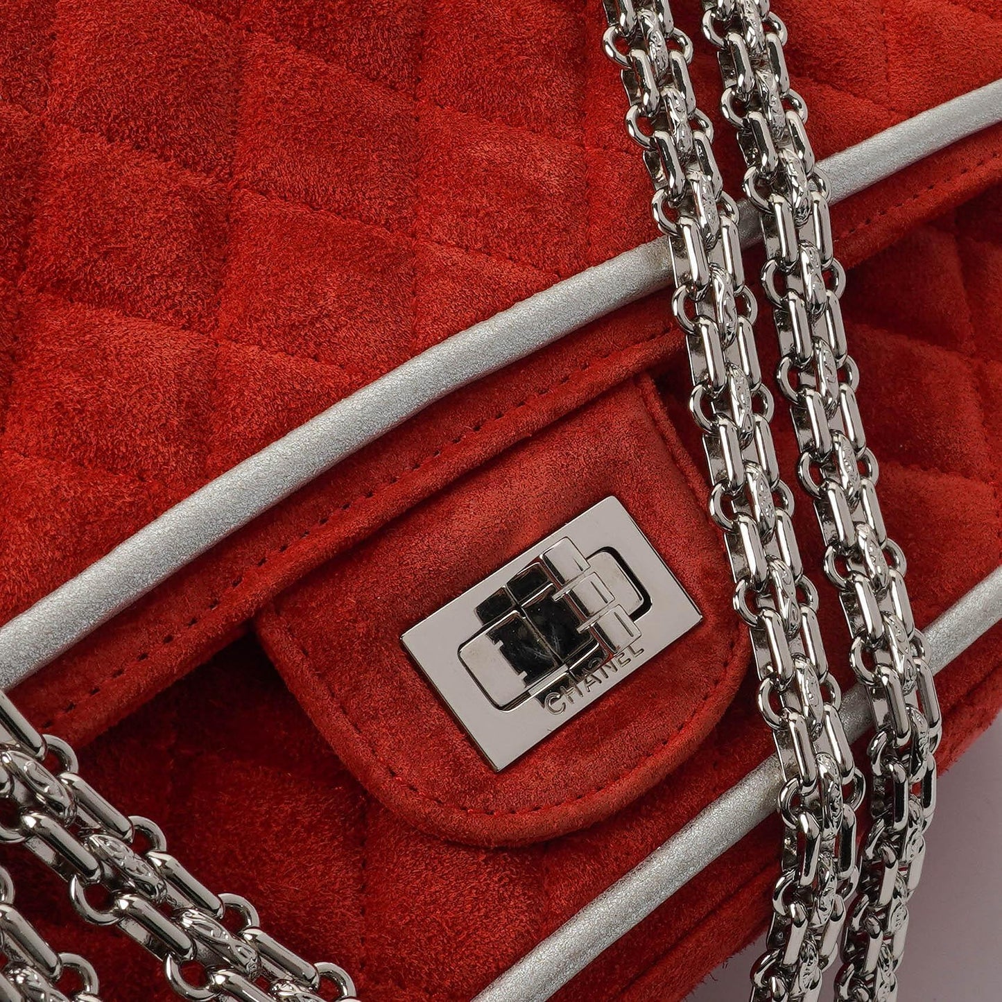 Chanel 2.55 Reissue Medium Double Flap Bag in Red Suede and Silver Leather
