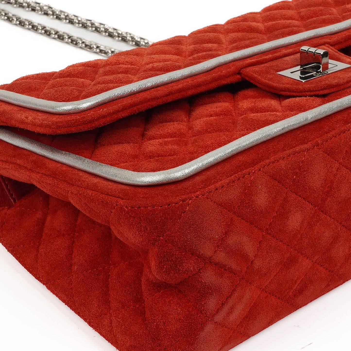 Chanel 2.55 Reissue Medium Double Flap Bag in Red Suede and Silver Leather