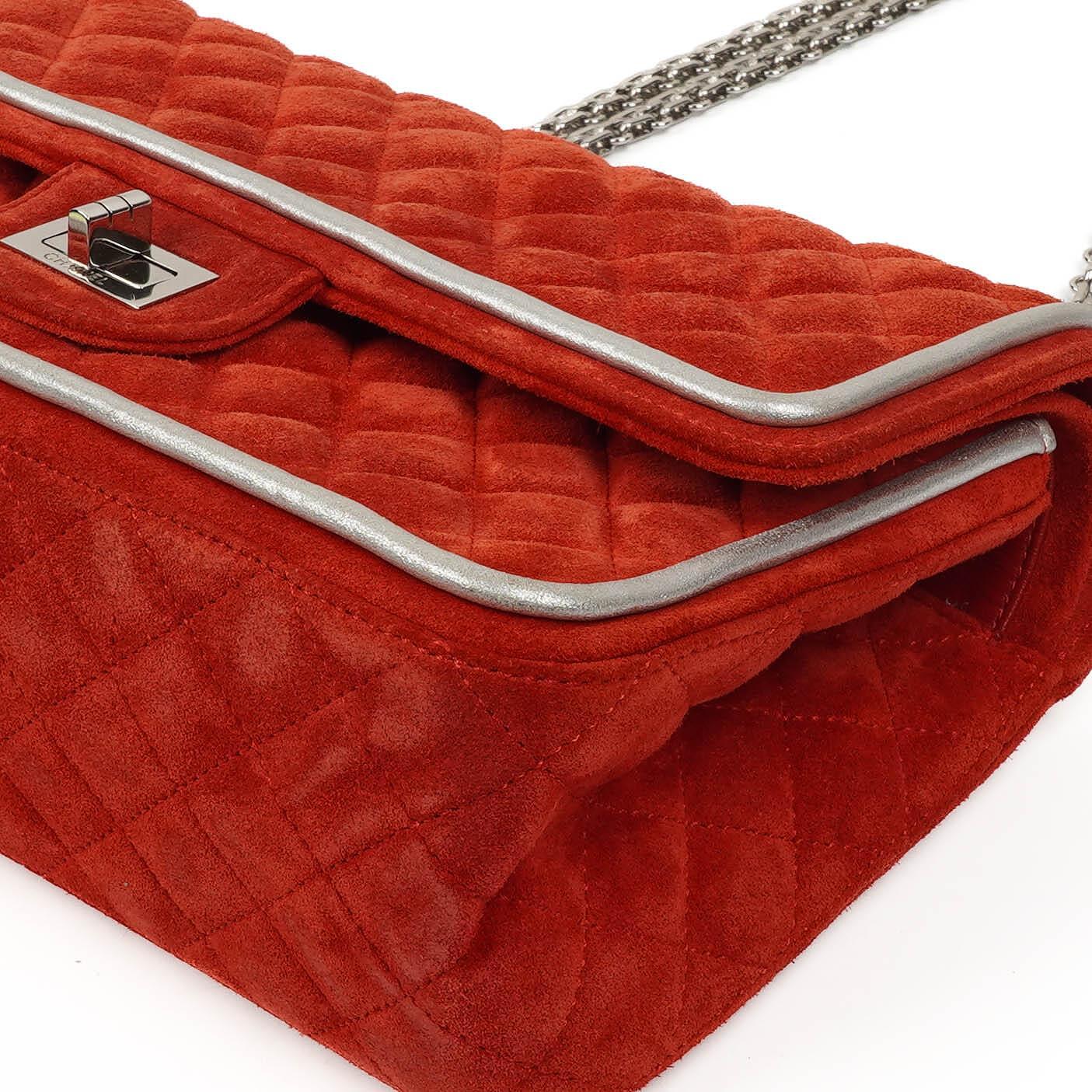 Chanel 2.55 Reissue Medium Double Flap Bag in Red Suede and Silver Leather