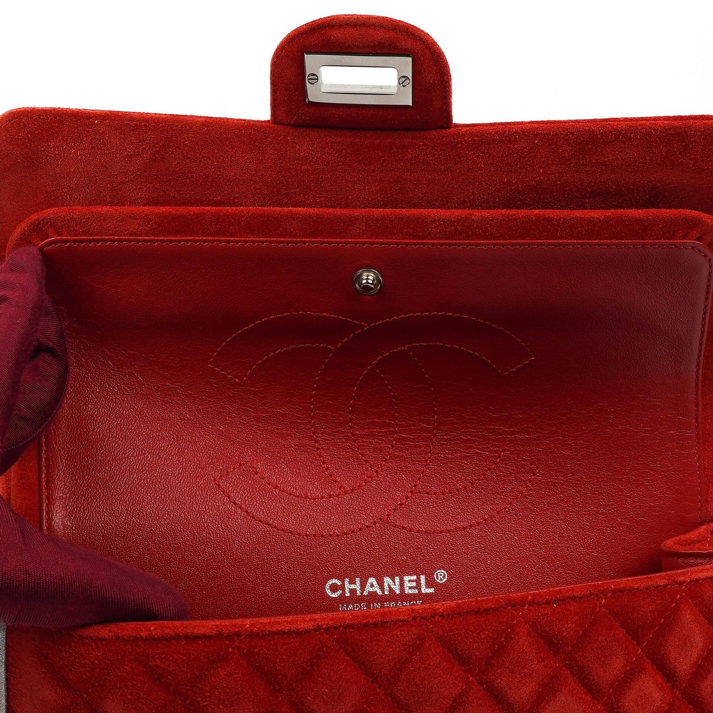 Chanel 2.55 Reissue Medium Double Flap Bag in Red Suede and Silver Leather