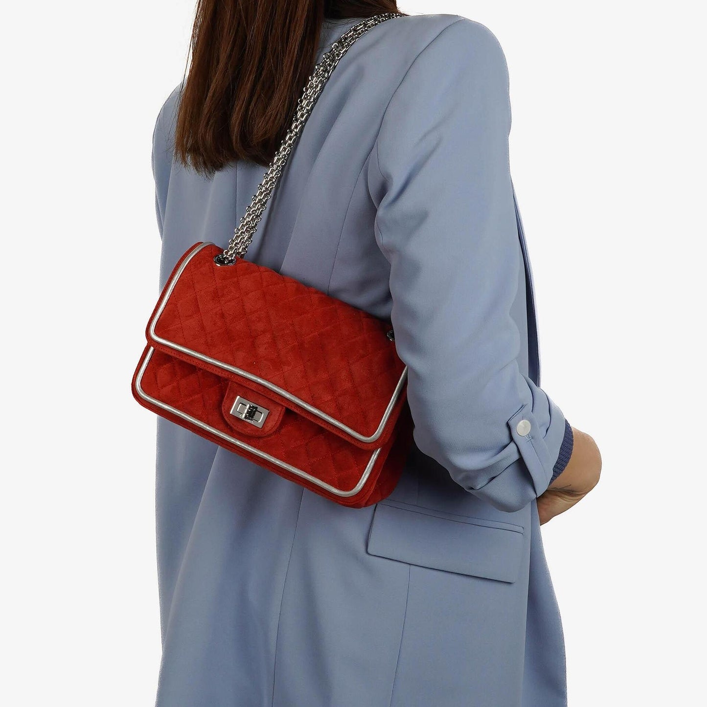 Chanel 2.55 Reissue Medium Double Flap Bag in Red Suede and Silver Leather