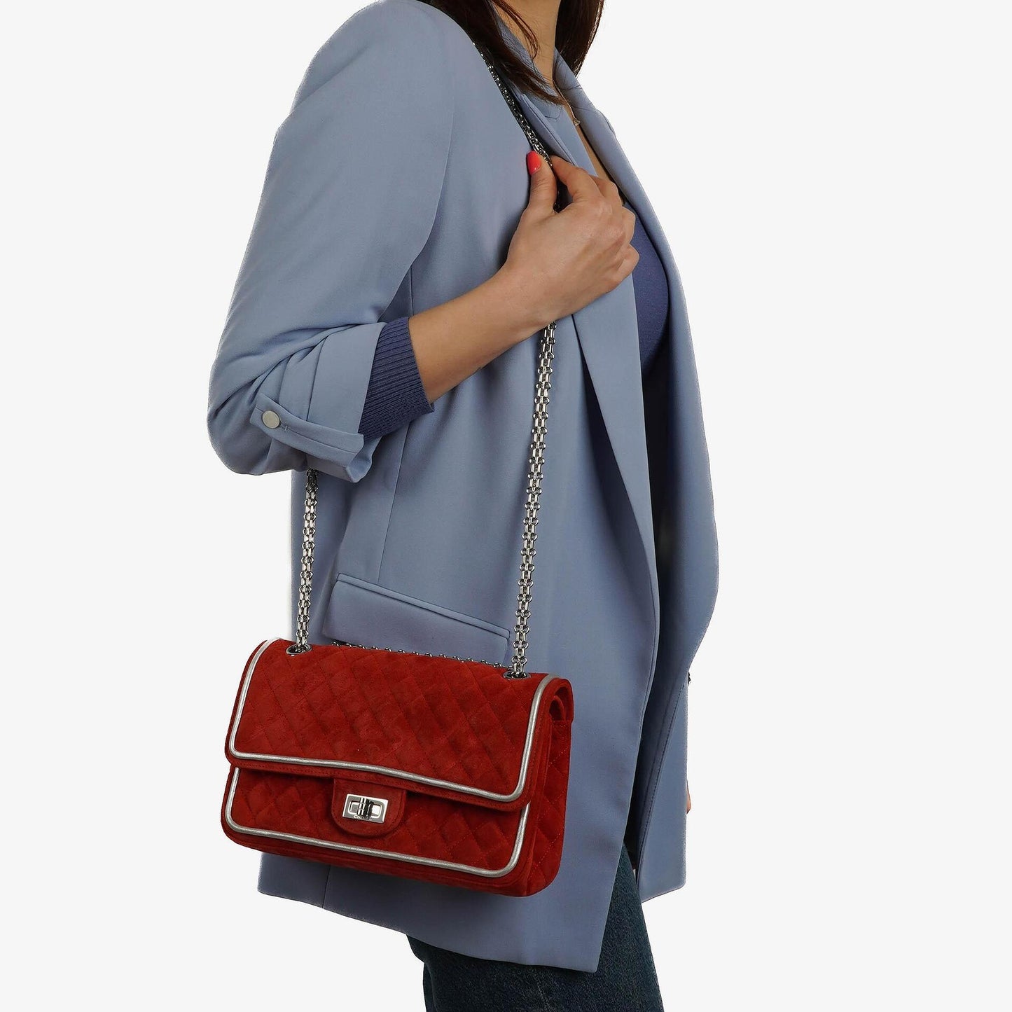 Chanel 2.55 Reissue Medium Double Flap Bag in Red Suede and Silver Leather
