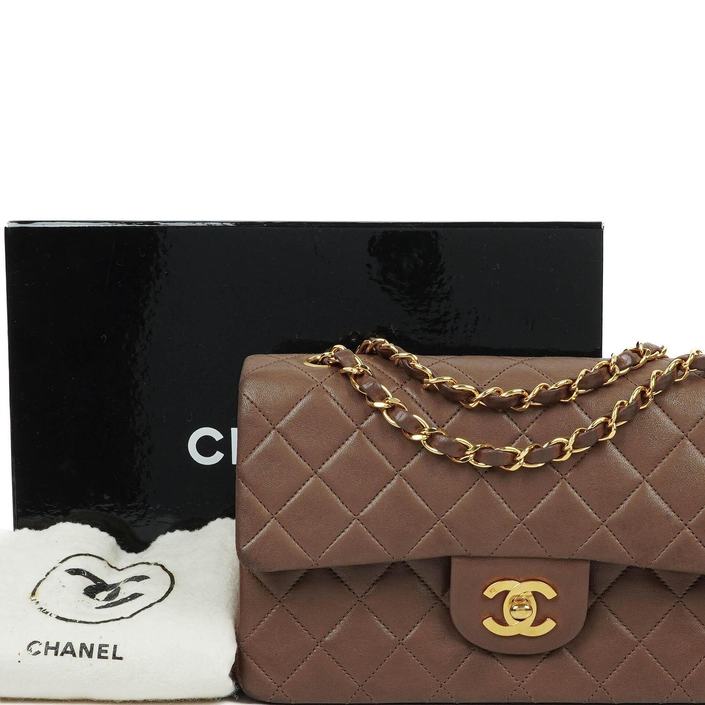 Chanel Small Clasic Double Flap Brown Quilted Lambskin 24K Gold-Plated Hardware