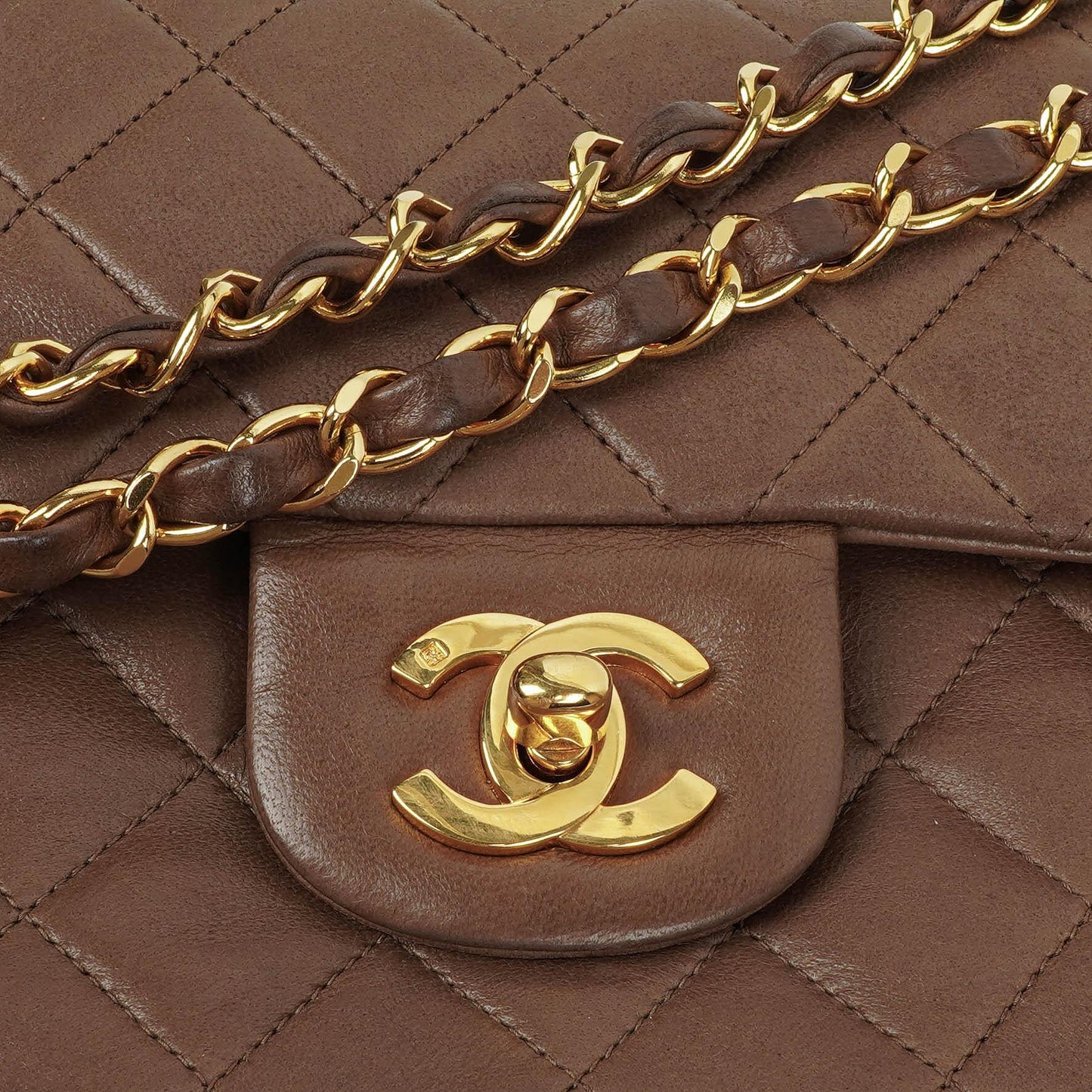 Chanel Small Clasic Double Flap Brown Quilted Lambskin 24K Gold-Plated Hardware