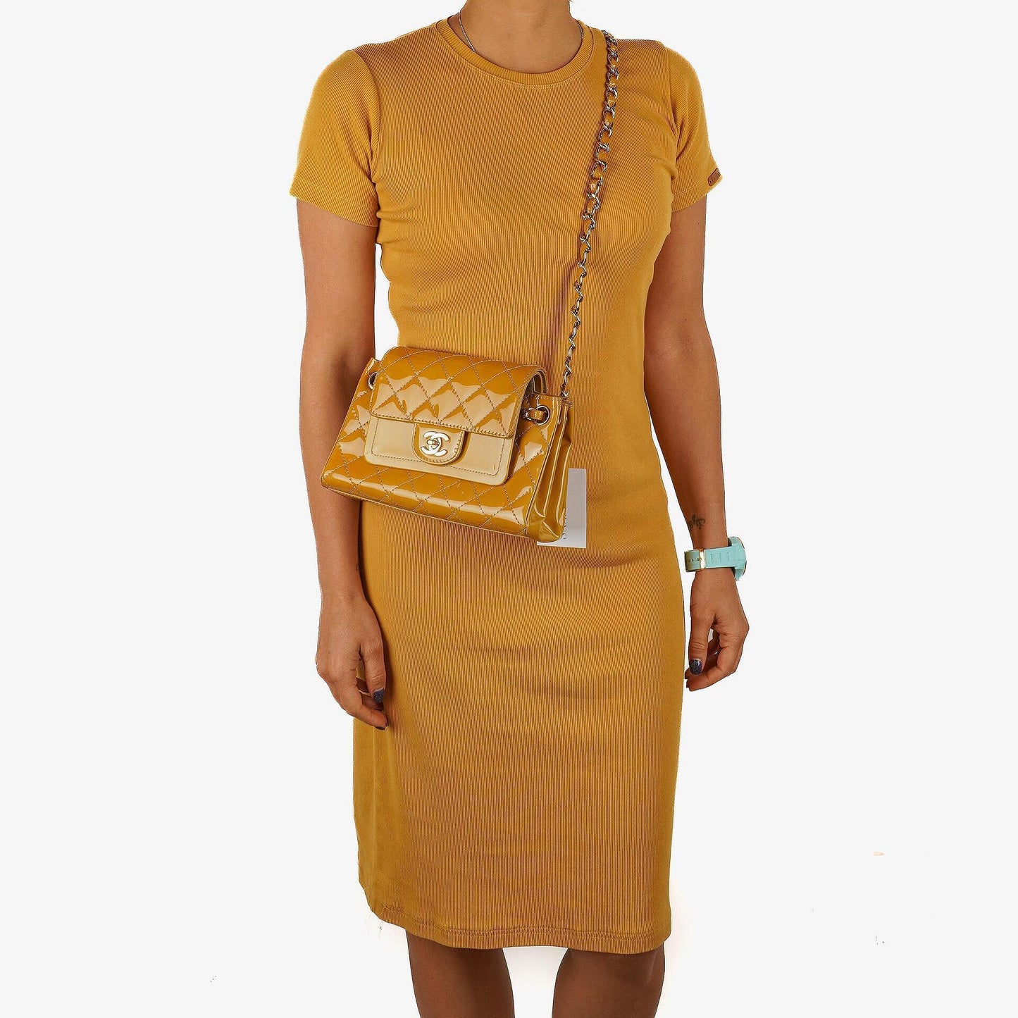 Chanel Accordion Double Flap Bag Yellow Quilted Patent Leather With 24K Champagne Gold-Plated Hardware