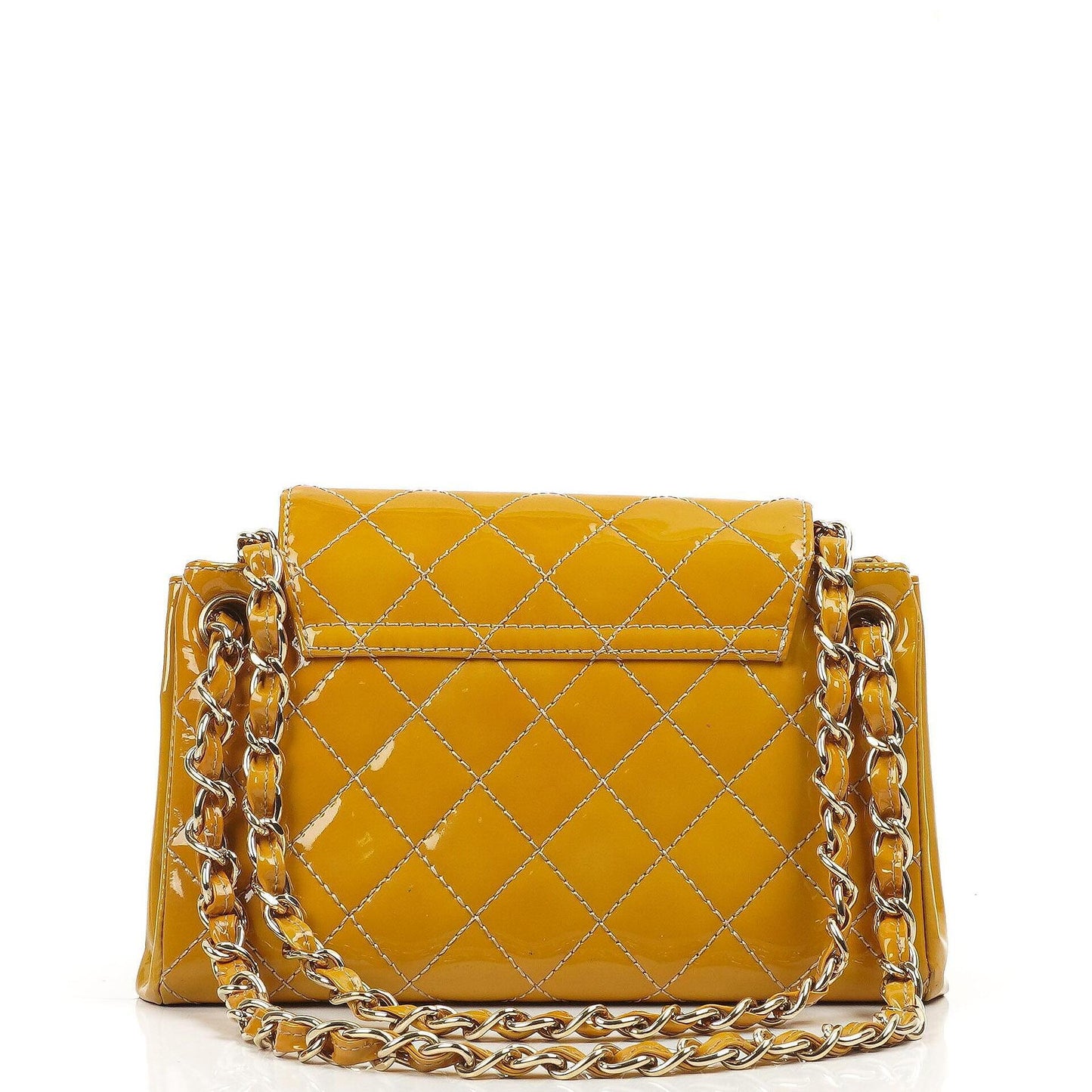 Chanel Accordion Double Flap Bag Yellow Quilted Patent Leather With 24K Champagne Gold-Plated Hardware