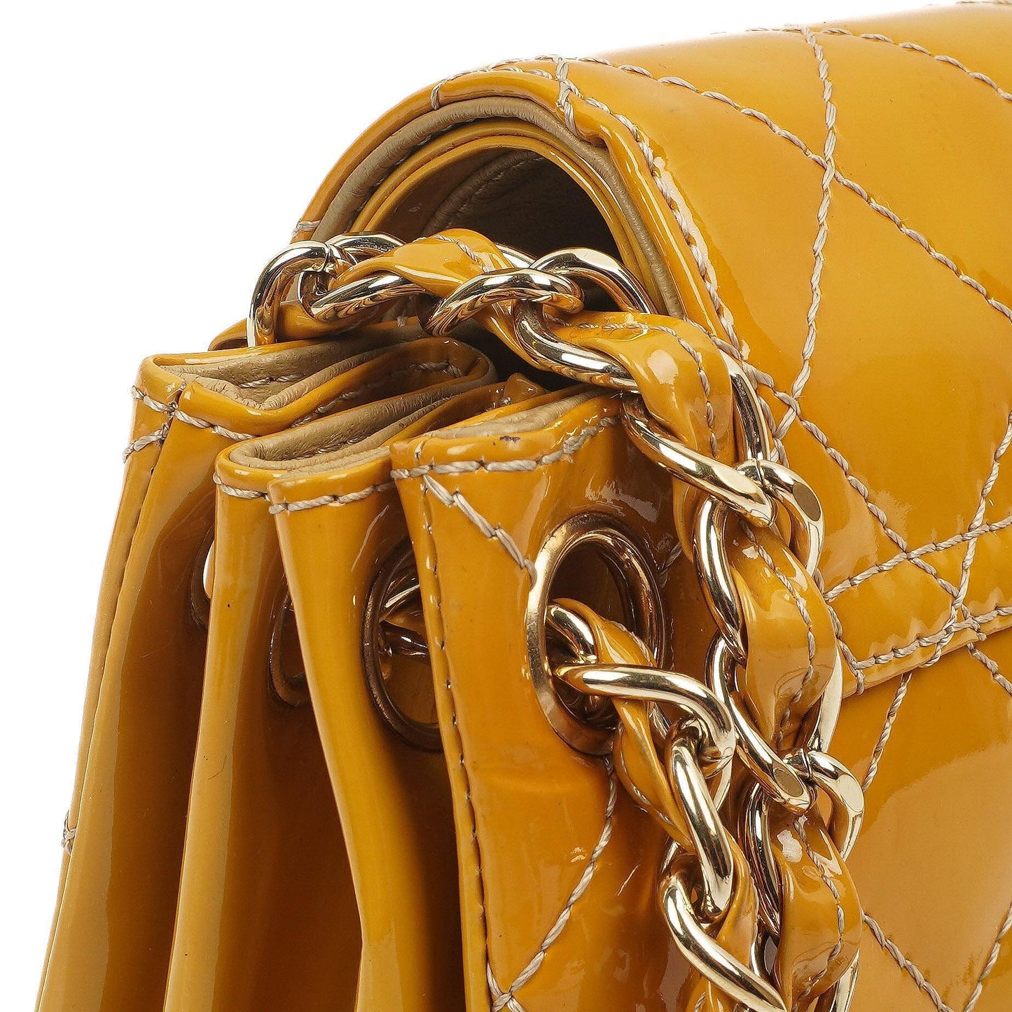 Chanel Accordion Double Flap Bag Yellow Quilted Patent Leather With 24K Champagne Gold-Plated Hardware