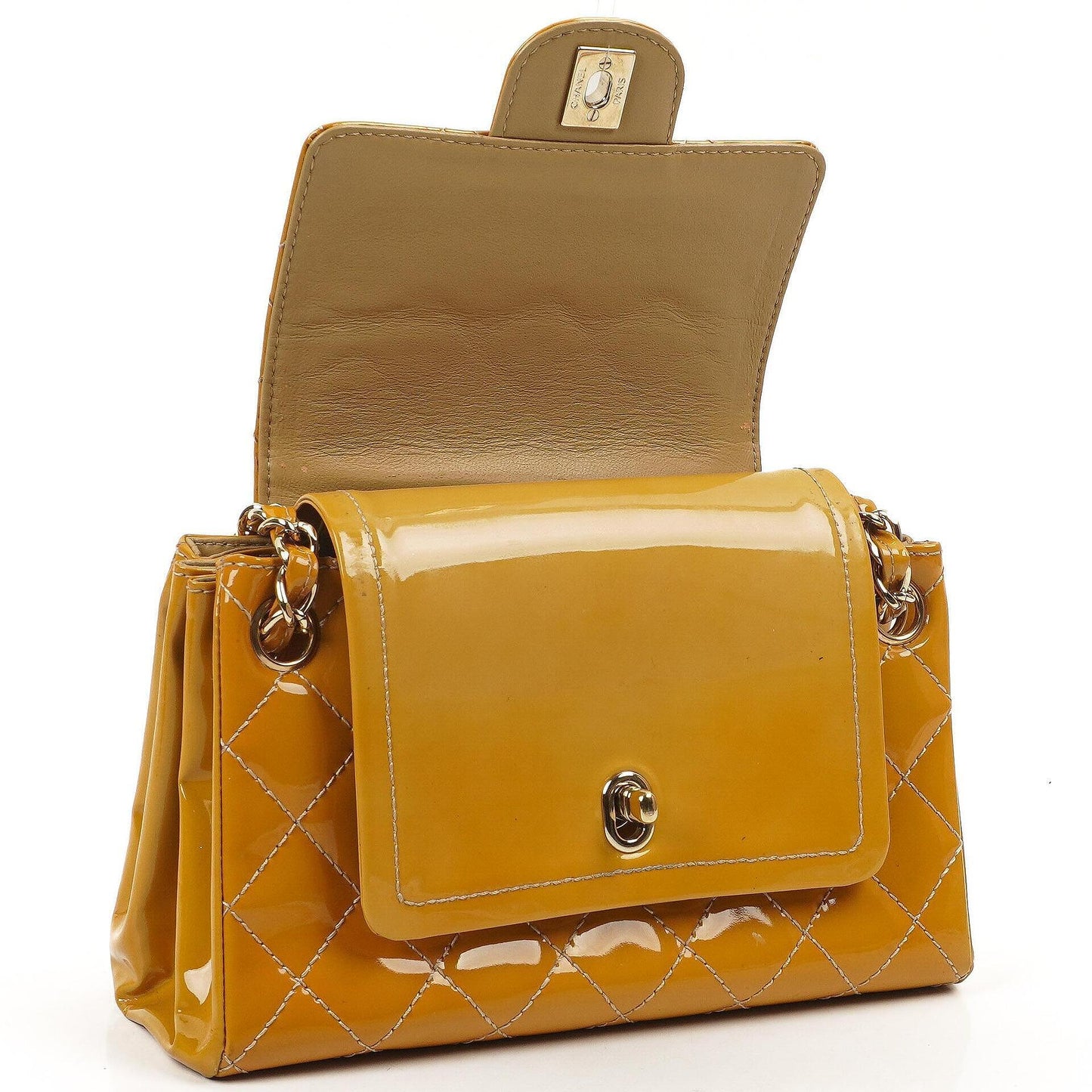 Chanel Accordion Double Flap Bag Yellow Quilted Patent Leather With 24K Champagne Gold-Plated Hardware