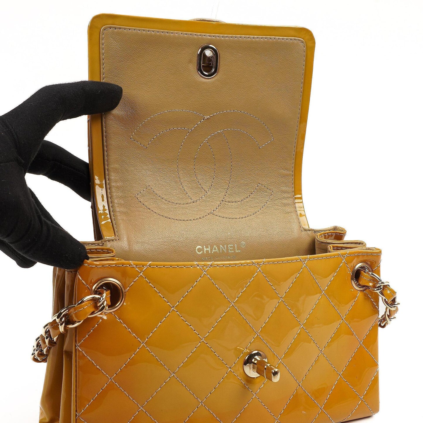 Chanel Accordion Double Flap Bag Yellow Quilted Patent Leather With 24K Champagne Gold-Plated Hardware