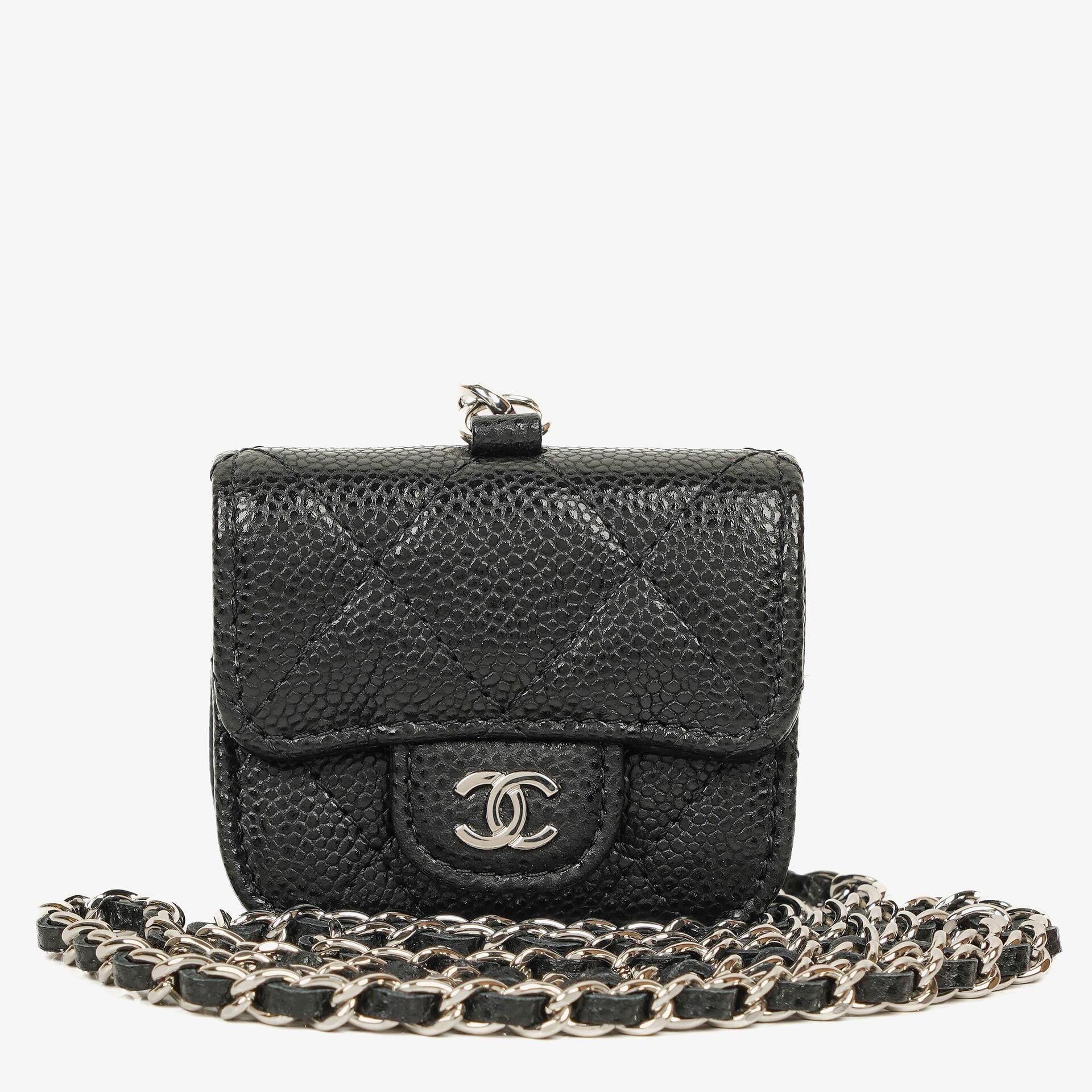 Chanel Airpods Pro Case In Black Caviar Quilted Leather With Silver-Tone Hardware