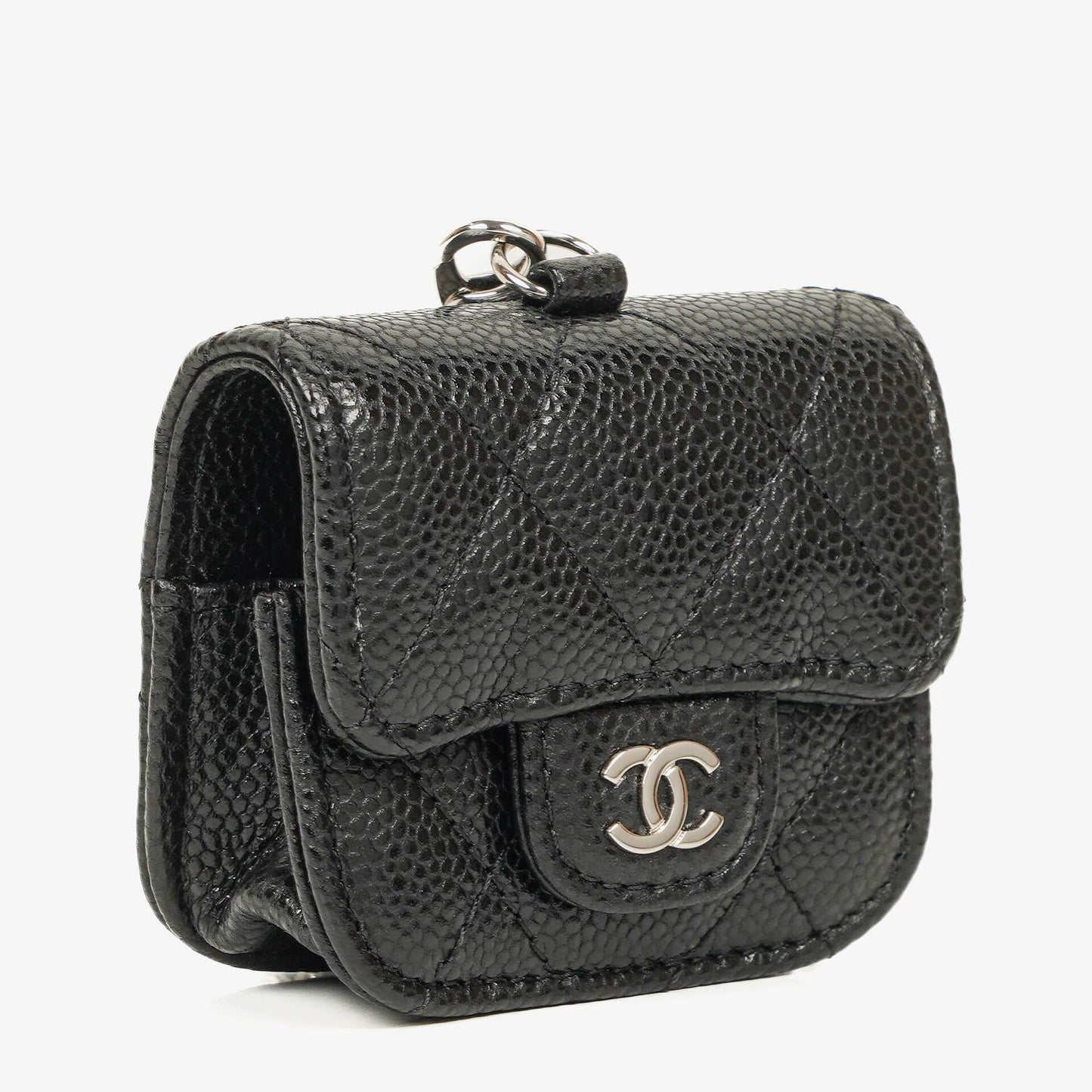 Chanel Airpods Pro Case In Black Caviar Quilted Leather With Silver-Tone Hardware