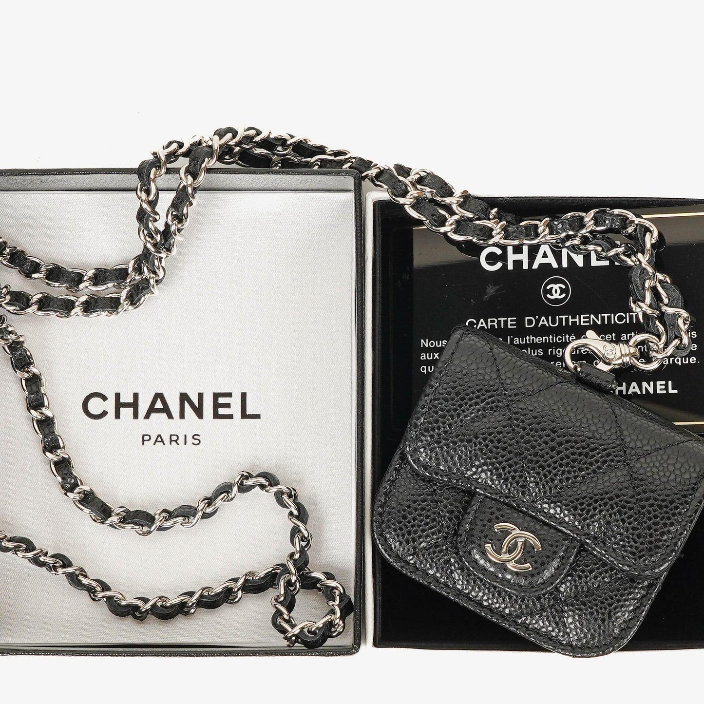 Chanel Airpods Pro Case In Black Caviar Quilted Leather With Silver-Tone Hardware
