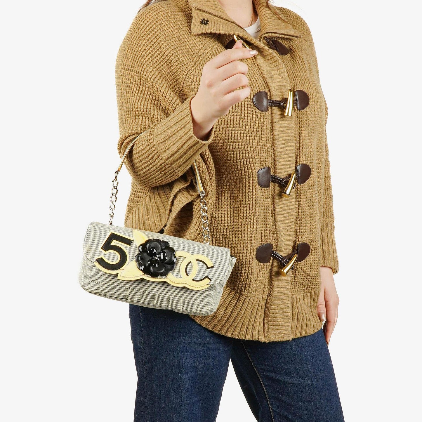 Chanel Beige Black Canvas Camellia N°5 Bag