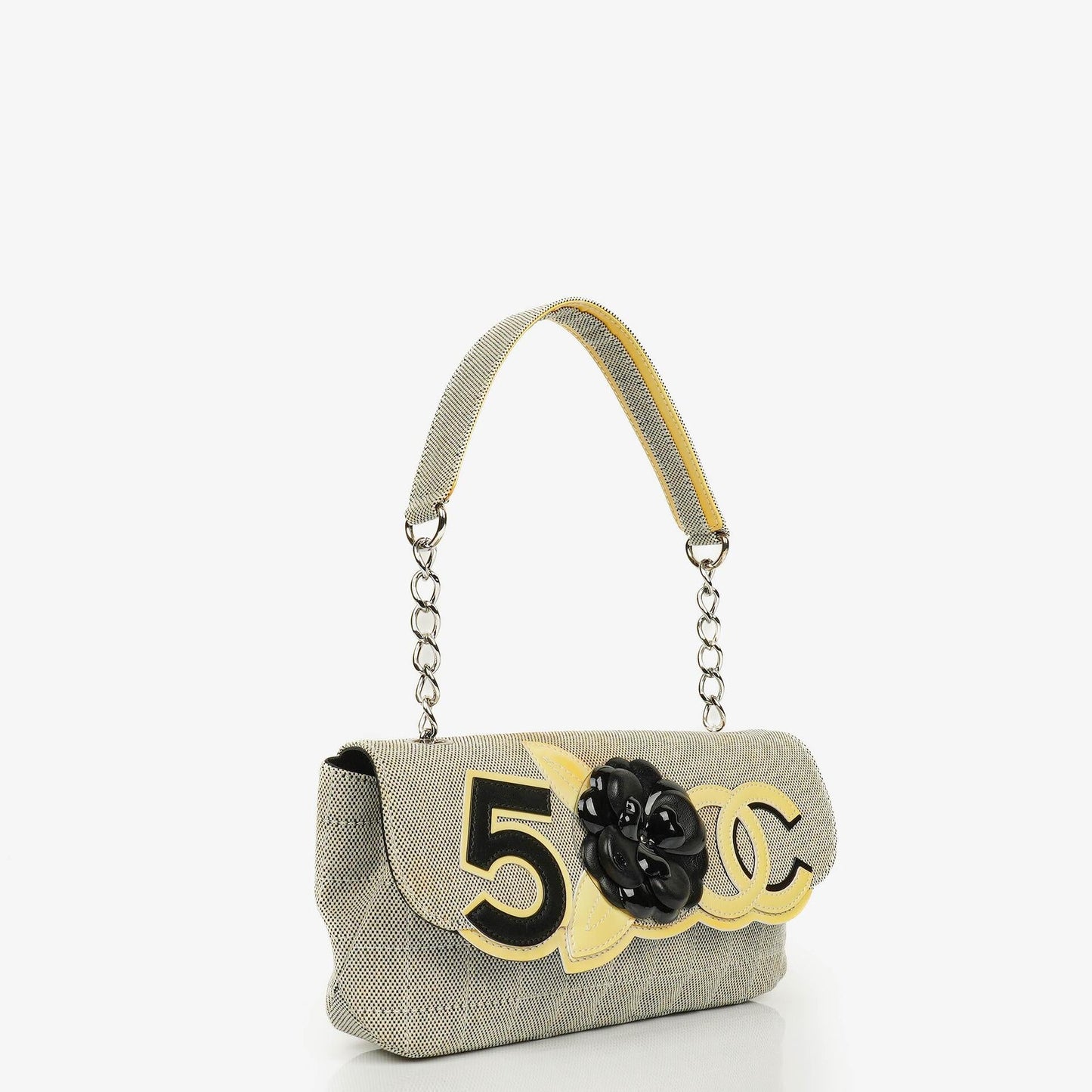 Chanel Beige Black Canvas Camellia N°5 Bag
