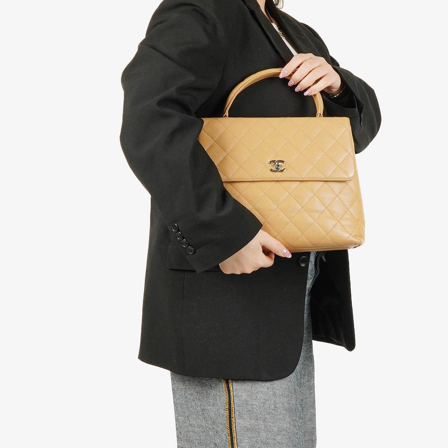Chanel Beige Caviar Quilted Jumbo Kelly Flap Bag