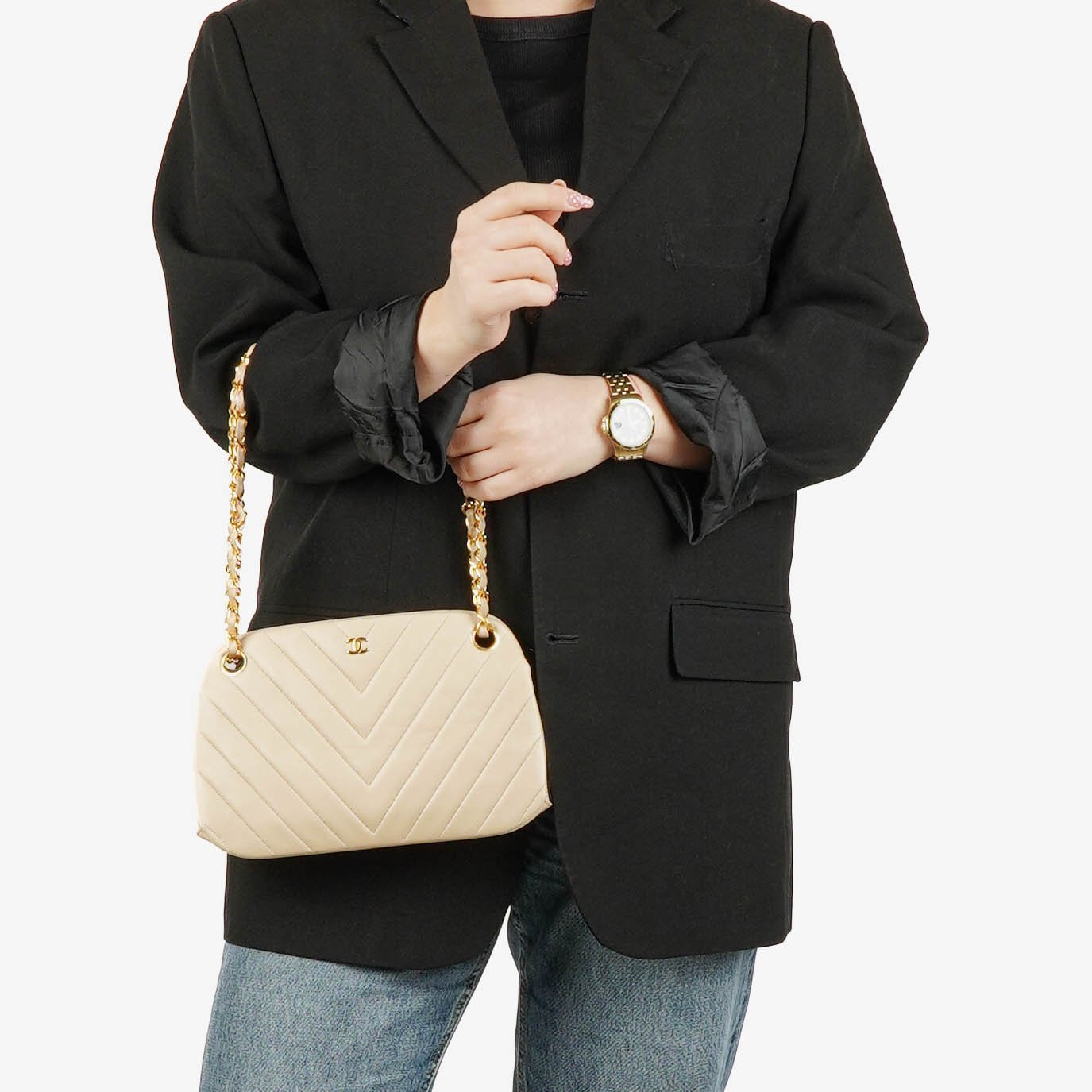 Chanel Beige Chevron Lambskin Kiss Lock Bag