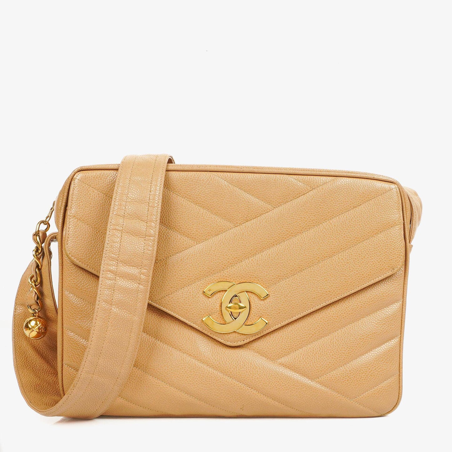 Chanel Beige Jumbo Caviar Diagonal Pocket Camera Bag