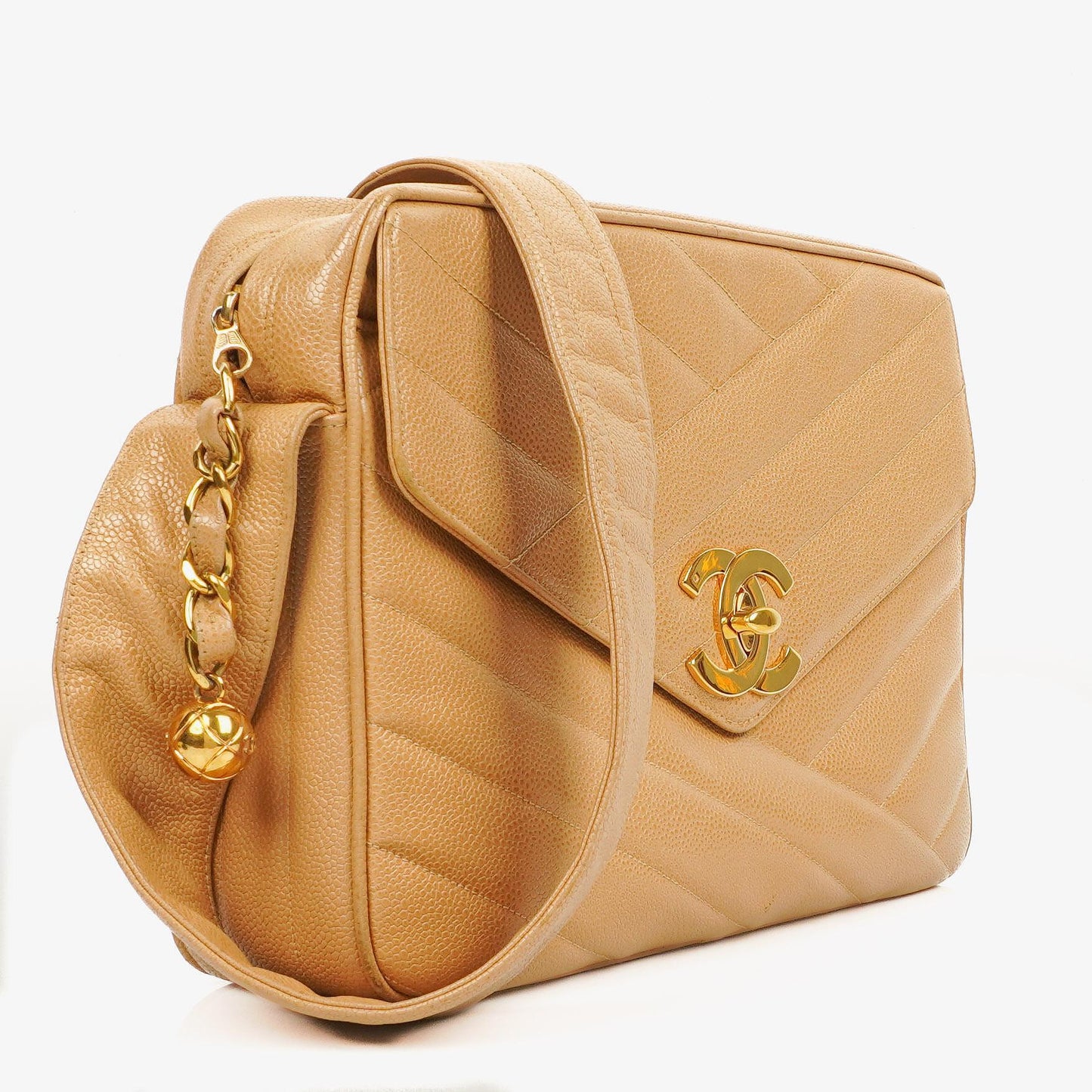 Chanel Beige Jumbo Caviar Diagonal Pocket Camera Bag