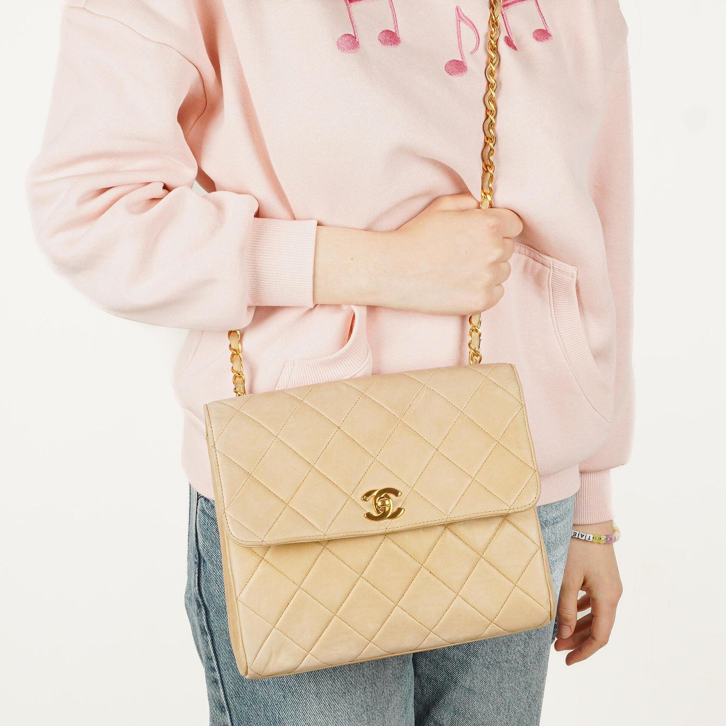 Chanel Beige Quilted Lambskin Small Single Flap Bag With 24K Gold-Plated Hardware
