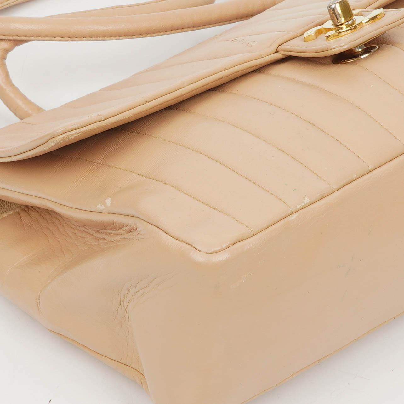 Chanel Beige Vertical Quilted Single Flap bag with 24k Gold-Plated Hardware