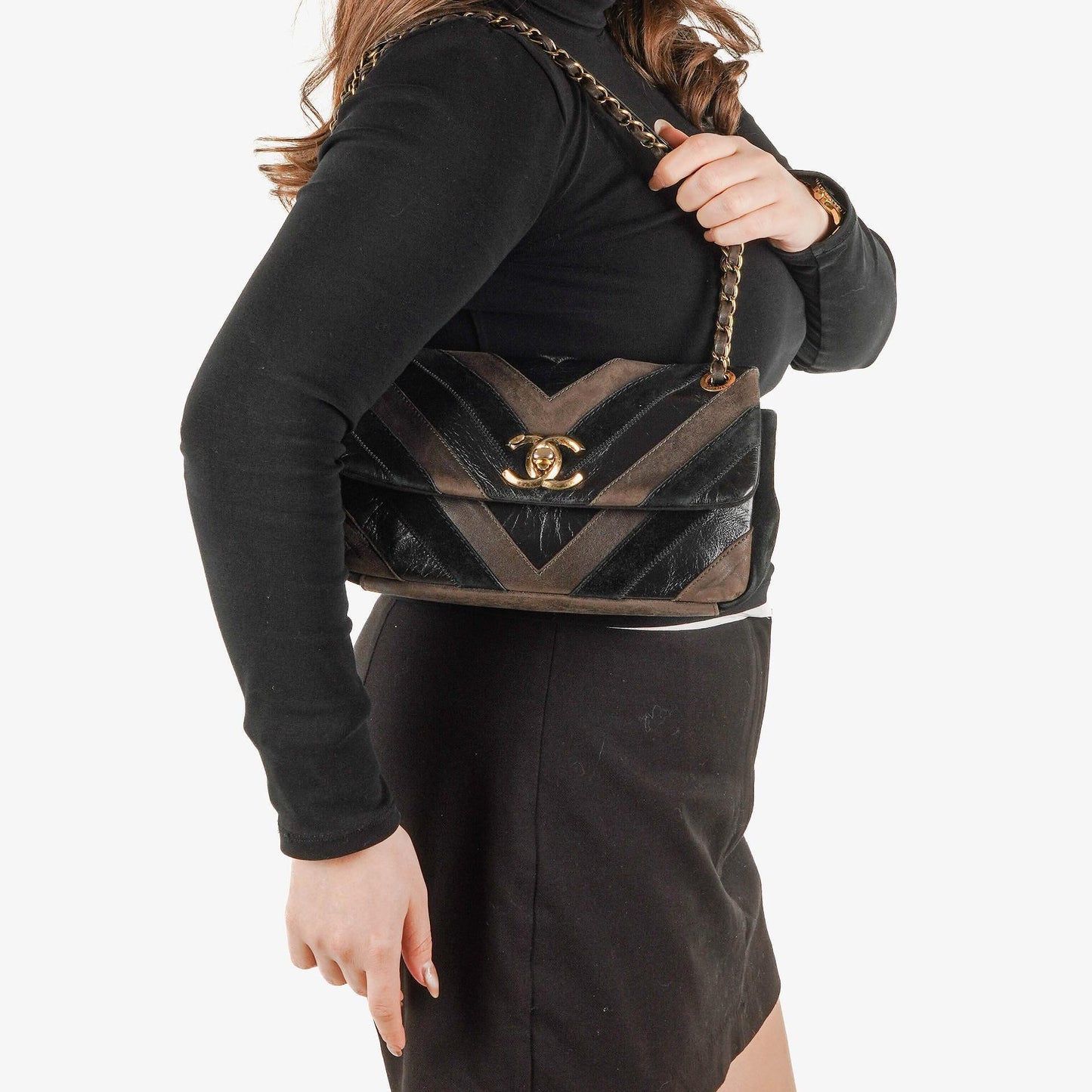 Chanel Black and Brown Lady Chevron Medium Flap Bag