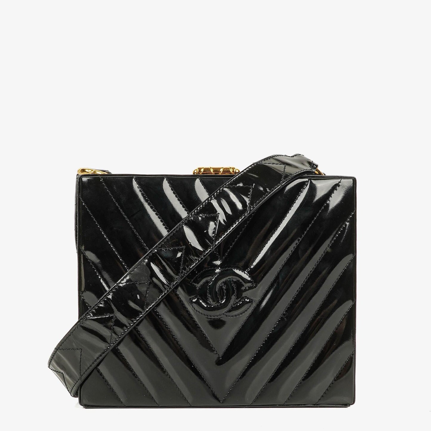 Chanel Black Chevron Quilted Patent Leather Vanity Case Box Bag