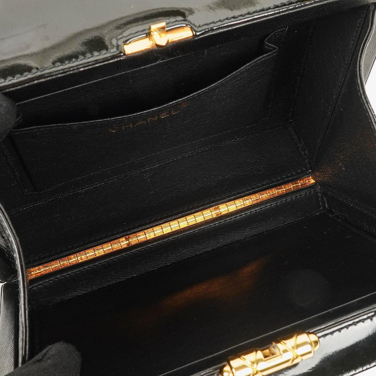 Chanel Black Chevron Quilted Patent Leather Vanity Case Box Bag