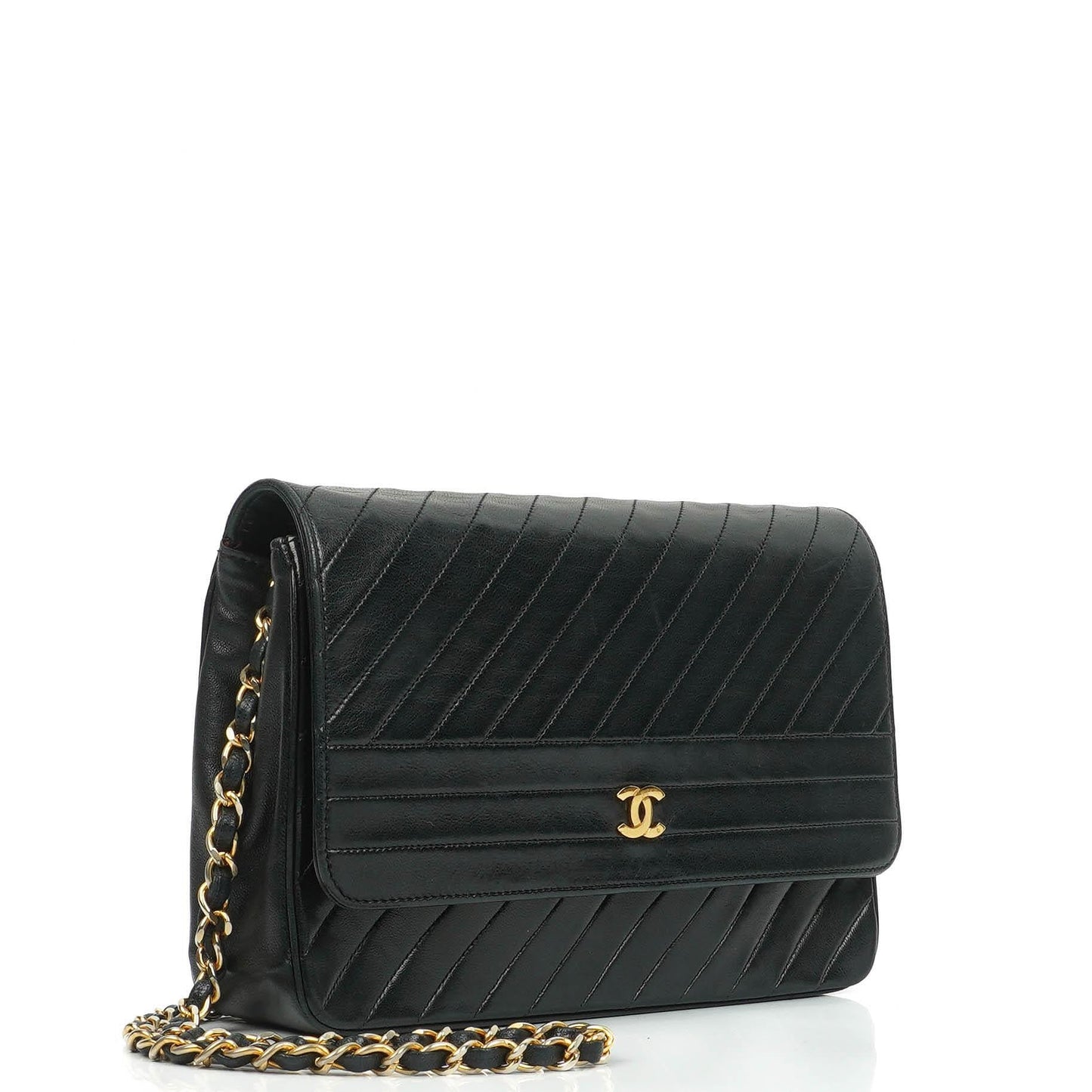 Chanel Black Diagonal Quilted Lambskin Leather Medium Classic Single Flap Bag With 24K Gold-Plated Hardware