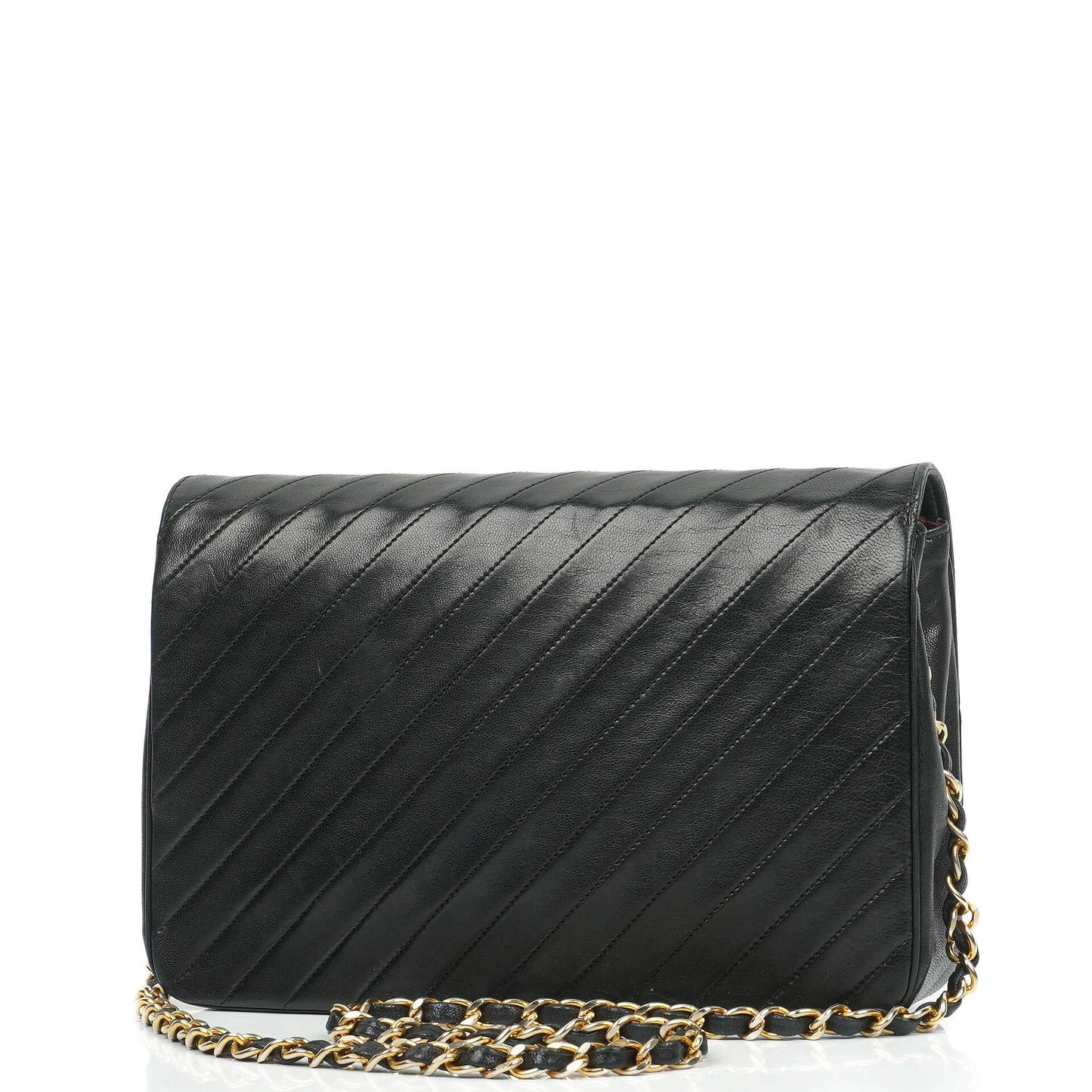 Chanel Black Diagonal Quilted Lambskin Leather Medium Classic Single Flap Bag With 24K Gold-Plated Hardware