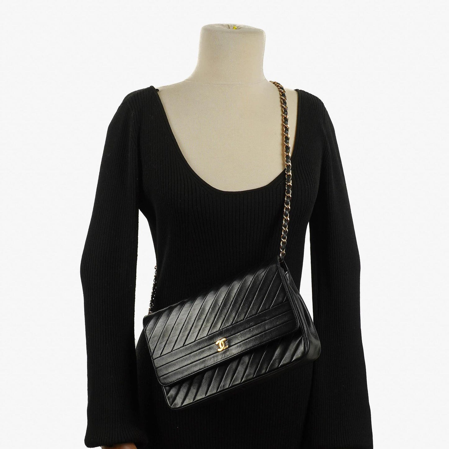 Chanel Black Diagonal Quilted Lambskin Leather Medium Classic Single Flap Bag With 24K Gold-Plated Hardware