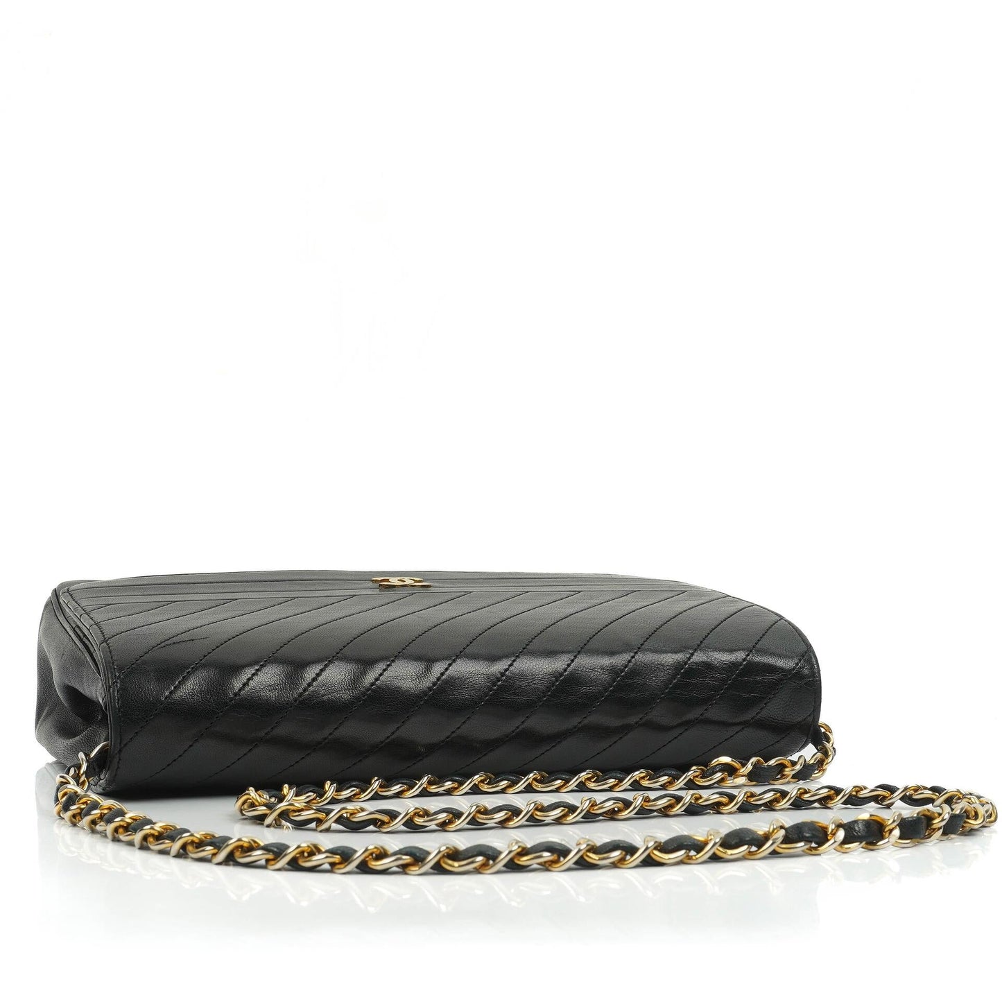 Chanel Black Diagonal Quilted Lambskin Leather Medium Classic Single Flap Bag With 24K Gold-Plated Hardware