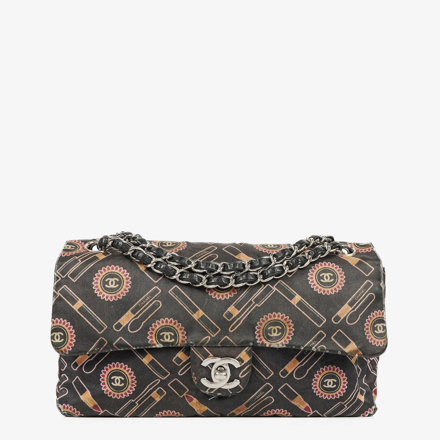 Chanel Black Lipstick Print Satin Flap Bag With Silver-Tone Hardware