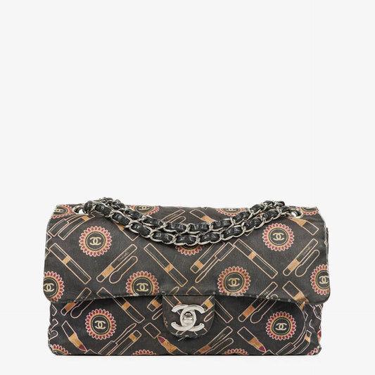 Chanel Black Lipstick Print Satin Flap Bag With Silver-Tone Hardware