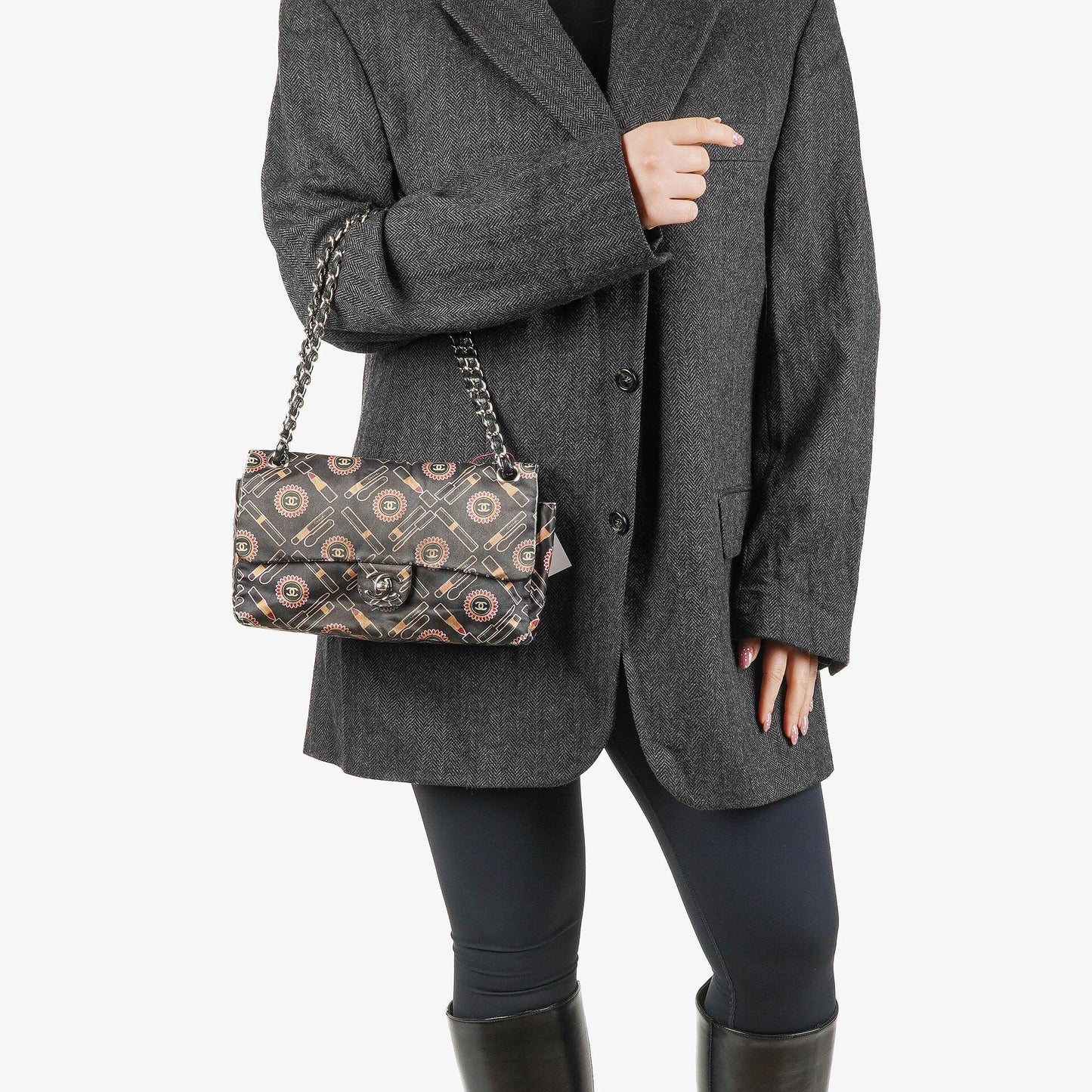 Chanel Black Lipstick Print Satin Flap Bag With Silver-Tone Hardware