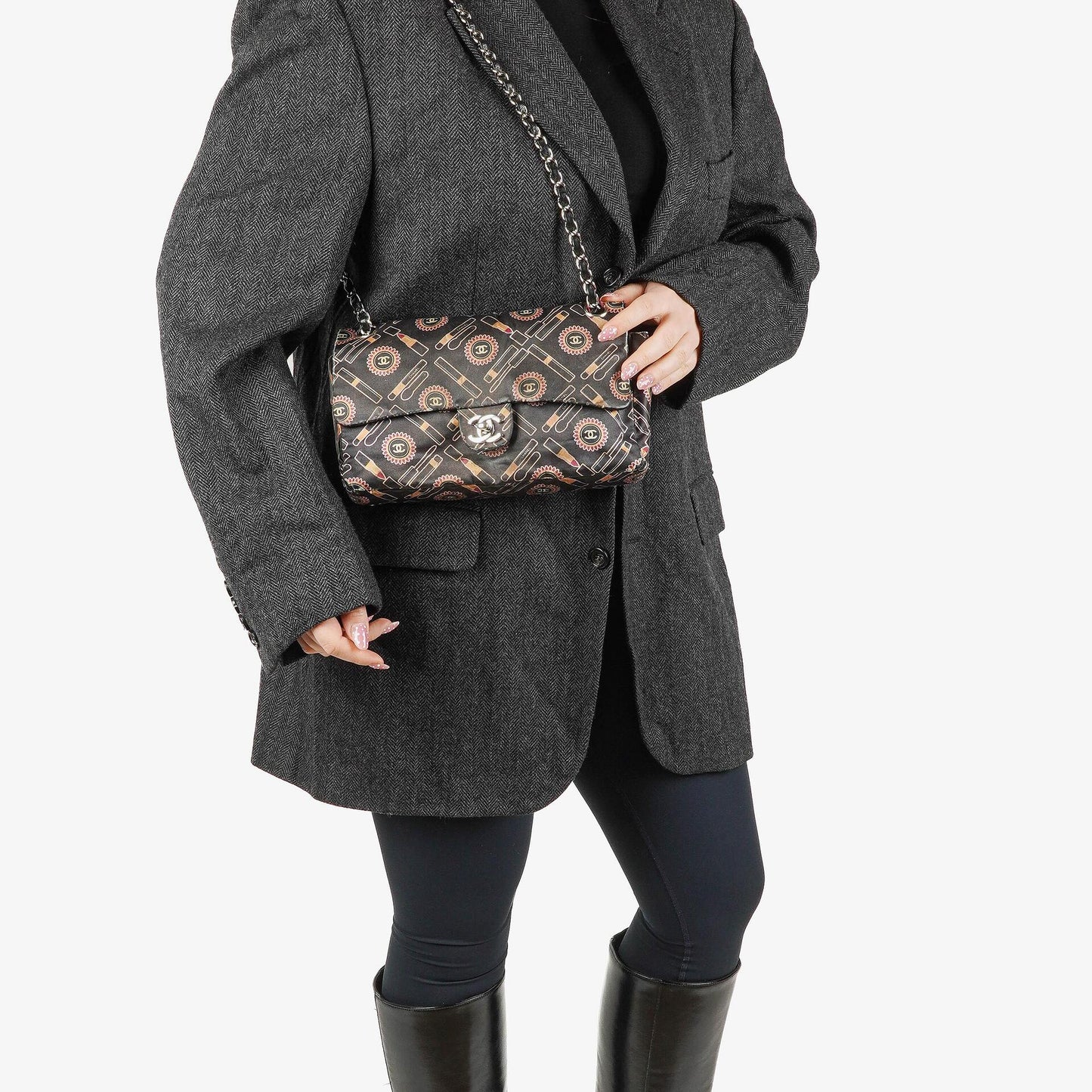 Chanel Black Lipstick Print Satin Flap Bag With Silver-Tone Hardware