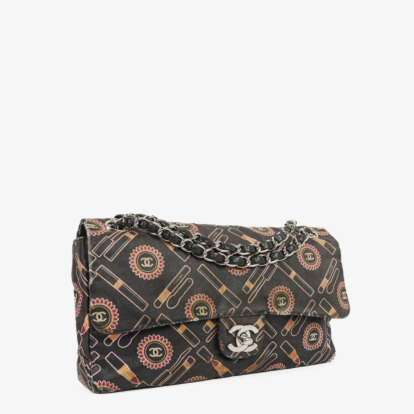 Chanel Black Lipstick Print Satin Flap Bag With Silver-Tone Hardware