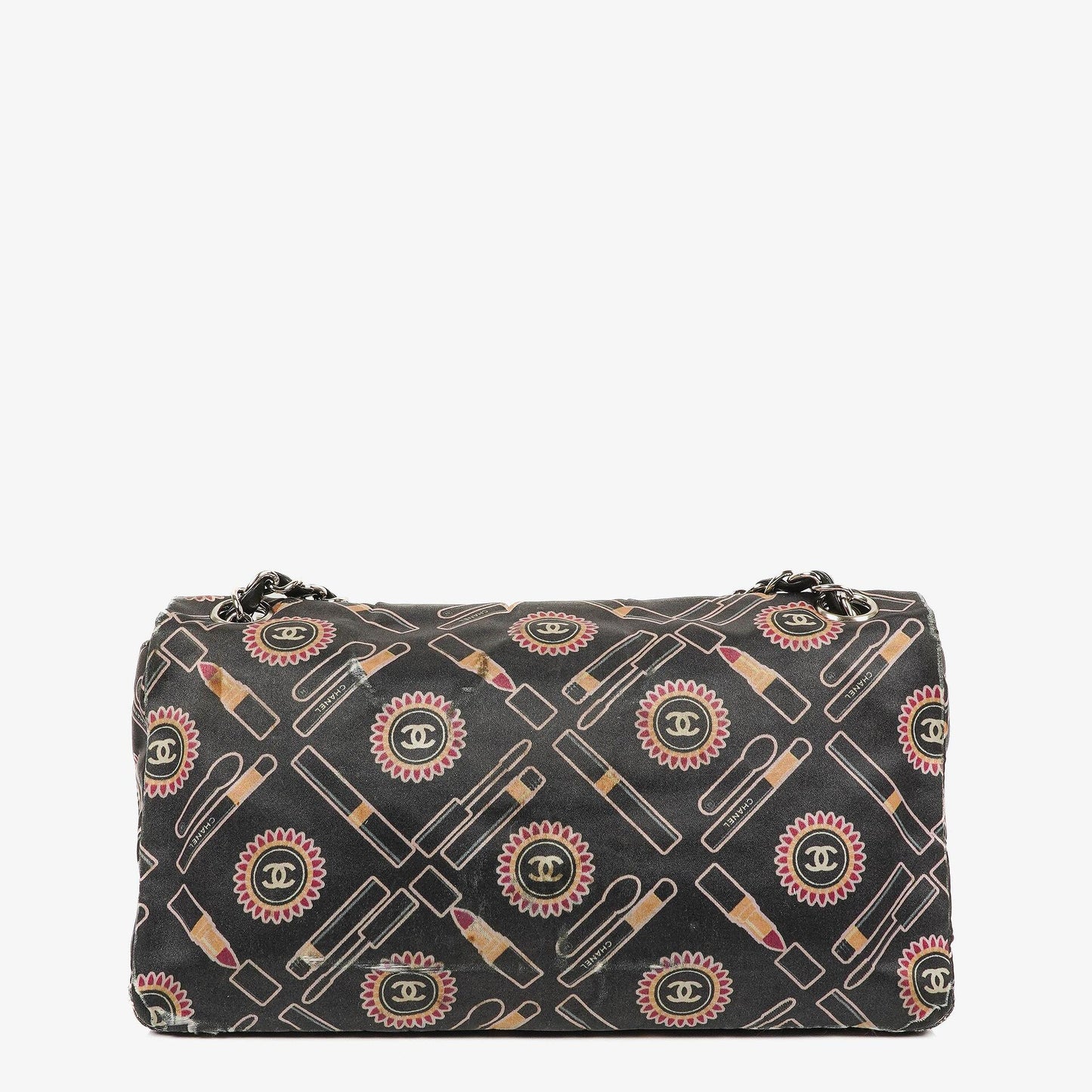 Chanel Black Lipstick Print Satin Flap Bag With Silver-Tone Hardware