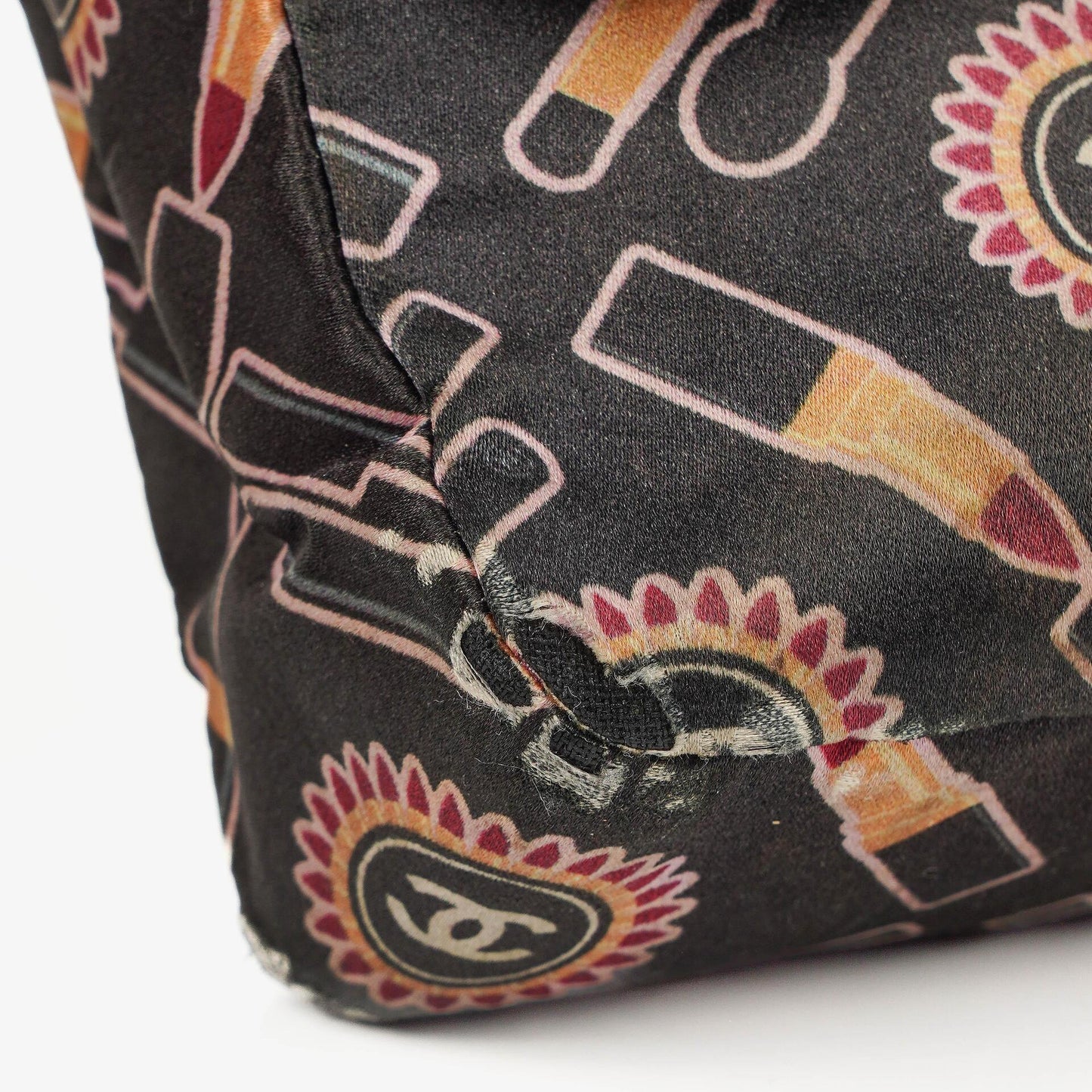 Chanel Black Lipstick Print Satin Flap Bag With Silver-Tone Hardware