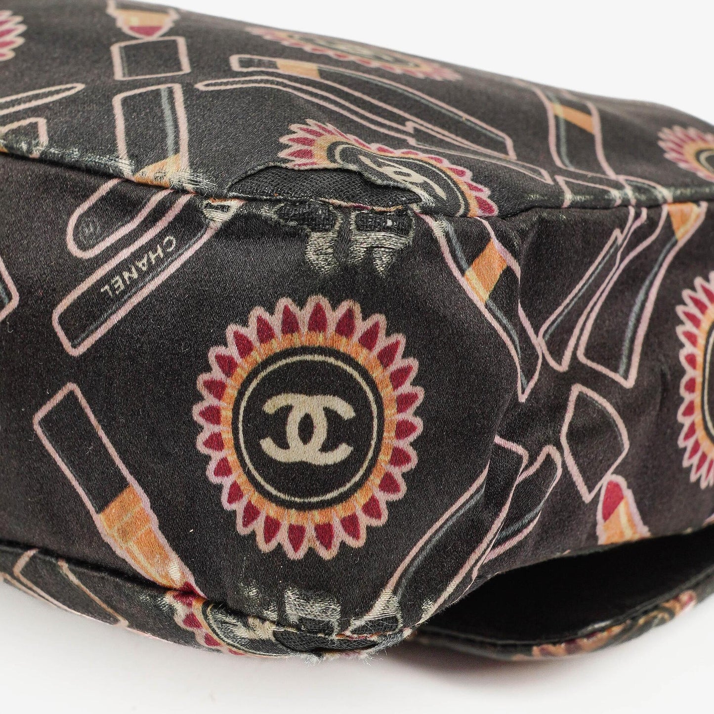 Chanel Black Lipstick Print Satin Flap Bag With Silver-Tone Hardware