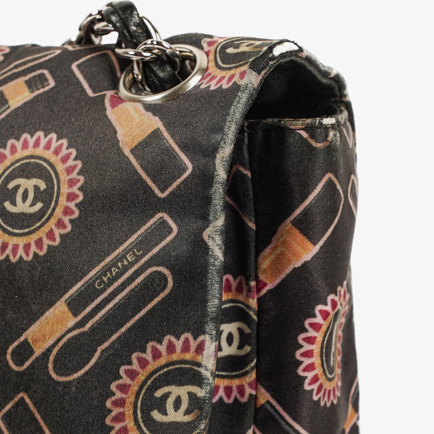Chanel Black Lipstick Print Satin Flap Bag With Silver-Tone Hardware