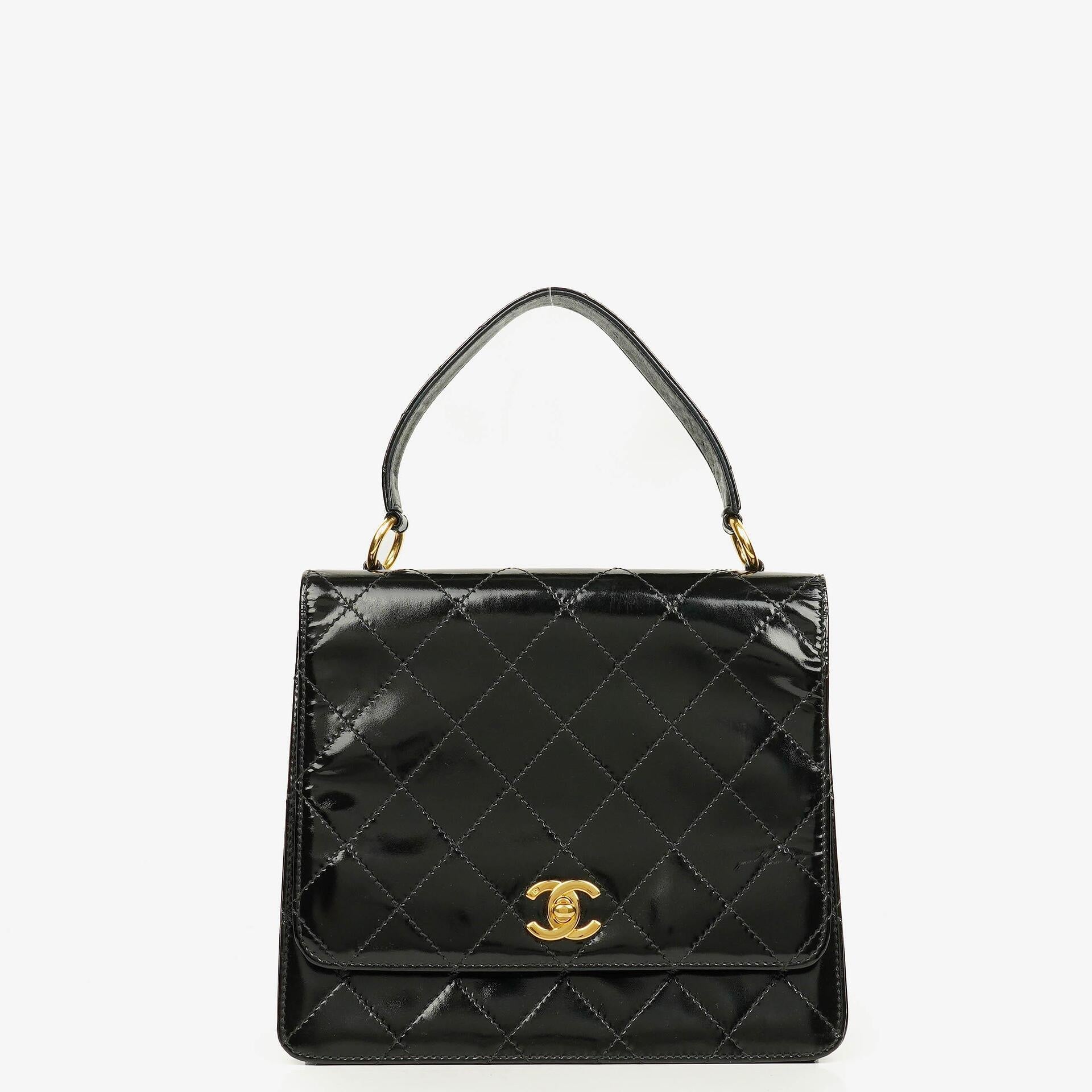 Chanel Black Quilted Patent Leather Top Handle Flap Bag With 24K Gold-Plated Hardware