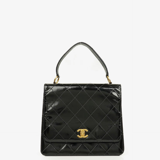 Chanel Black Quilted Patent Leather Top Handle Flap Bag With 24K Gold-Plated Hardware