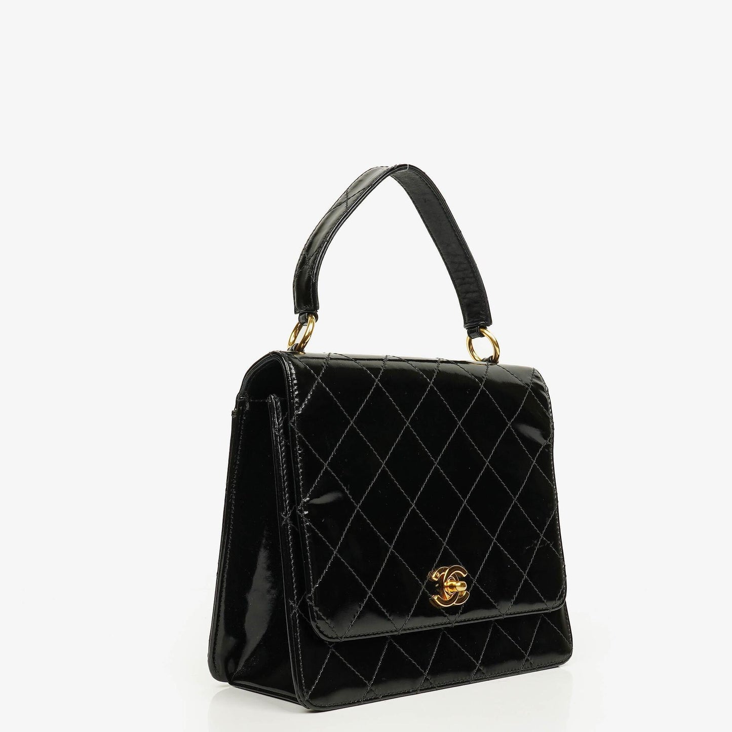 Chanel Black Quilted Patent Leather Top Handle Flap Bag With 24K Gold-Plated Hardware