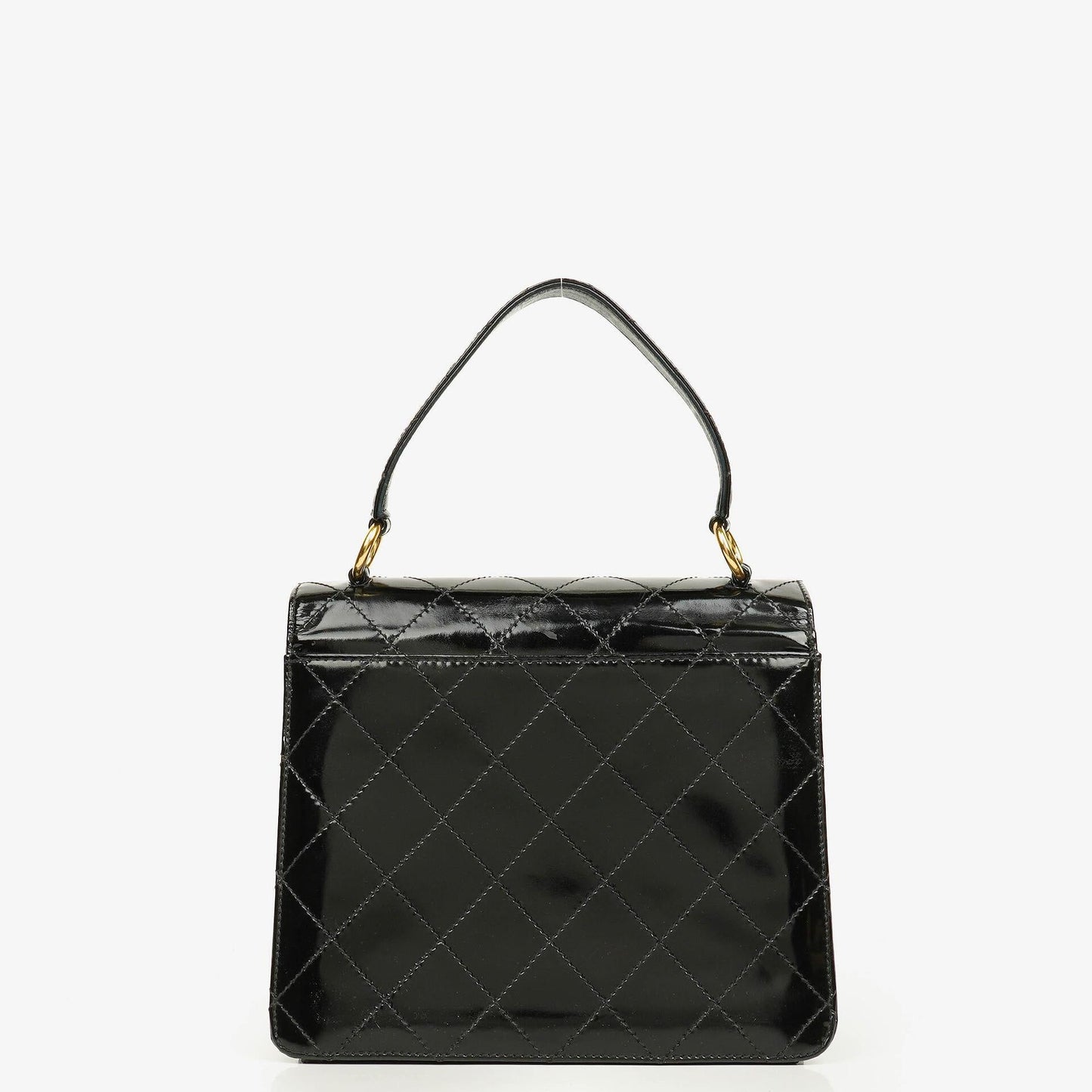 Chanel Black Quilted Patent Leather Top Handle Flap Bag With 24K Gold-Plated Hardware