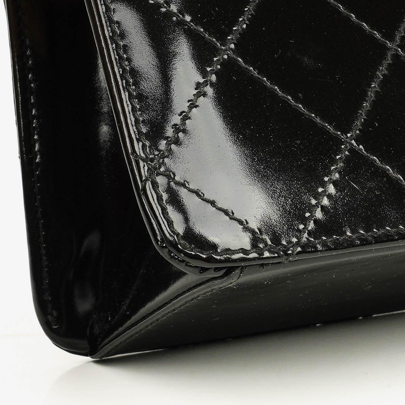 Chanel Black Quilted Patent Leather Top Handle Flap Bag With 24K Gold-Plated Hardware
