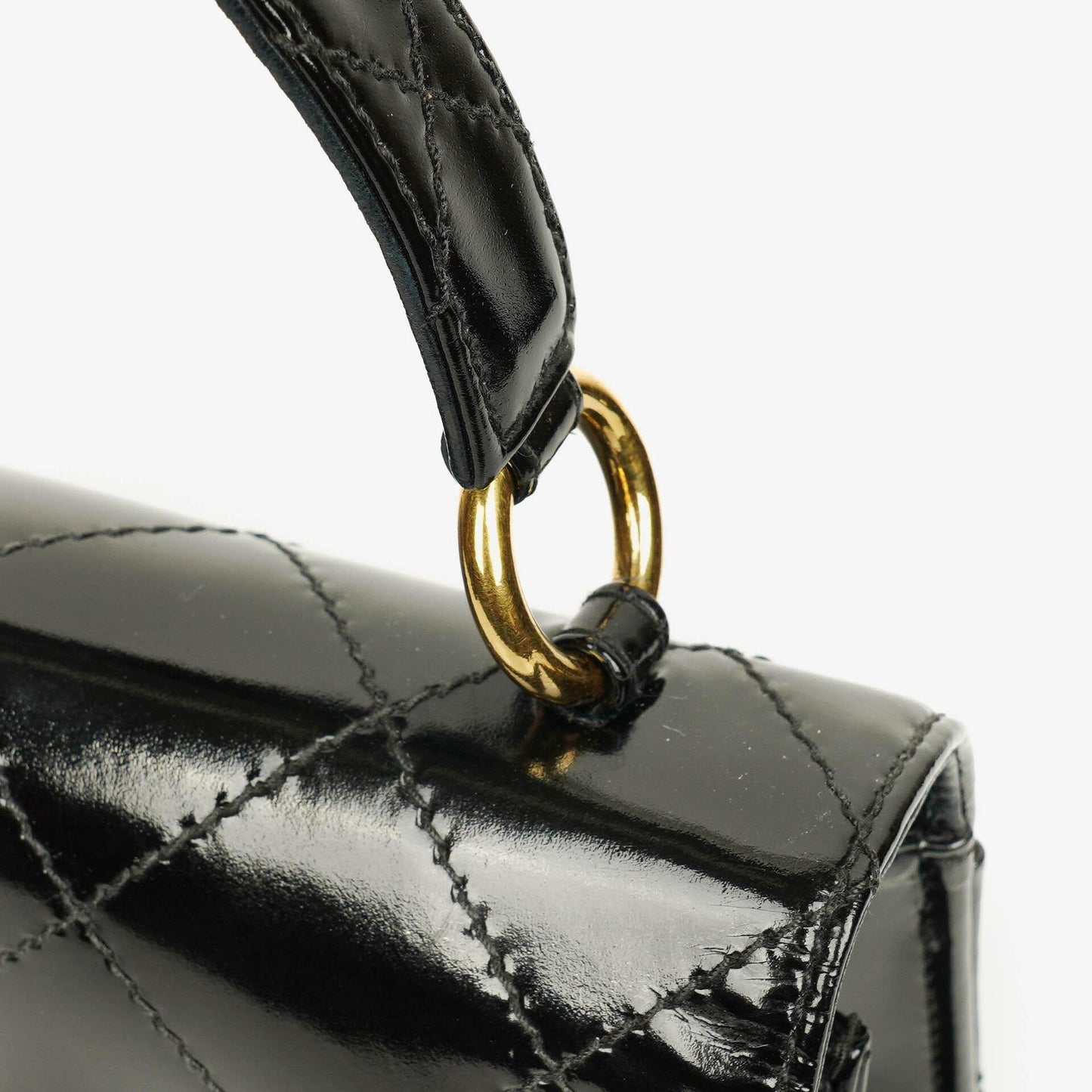 Chanel Black Quilted Patent Leather Top Handle Flap Bag With 24K Gold-Plated Hardware