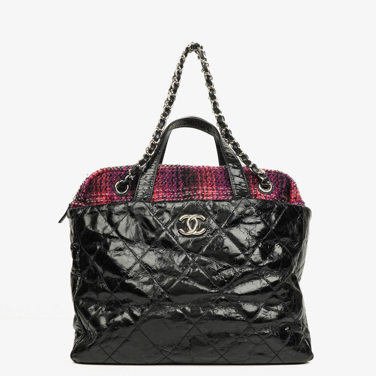 Chanel Black Quilted Glazed Calfskin Leather and Tweed Portobello Tote Bag